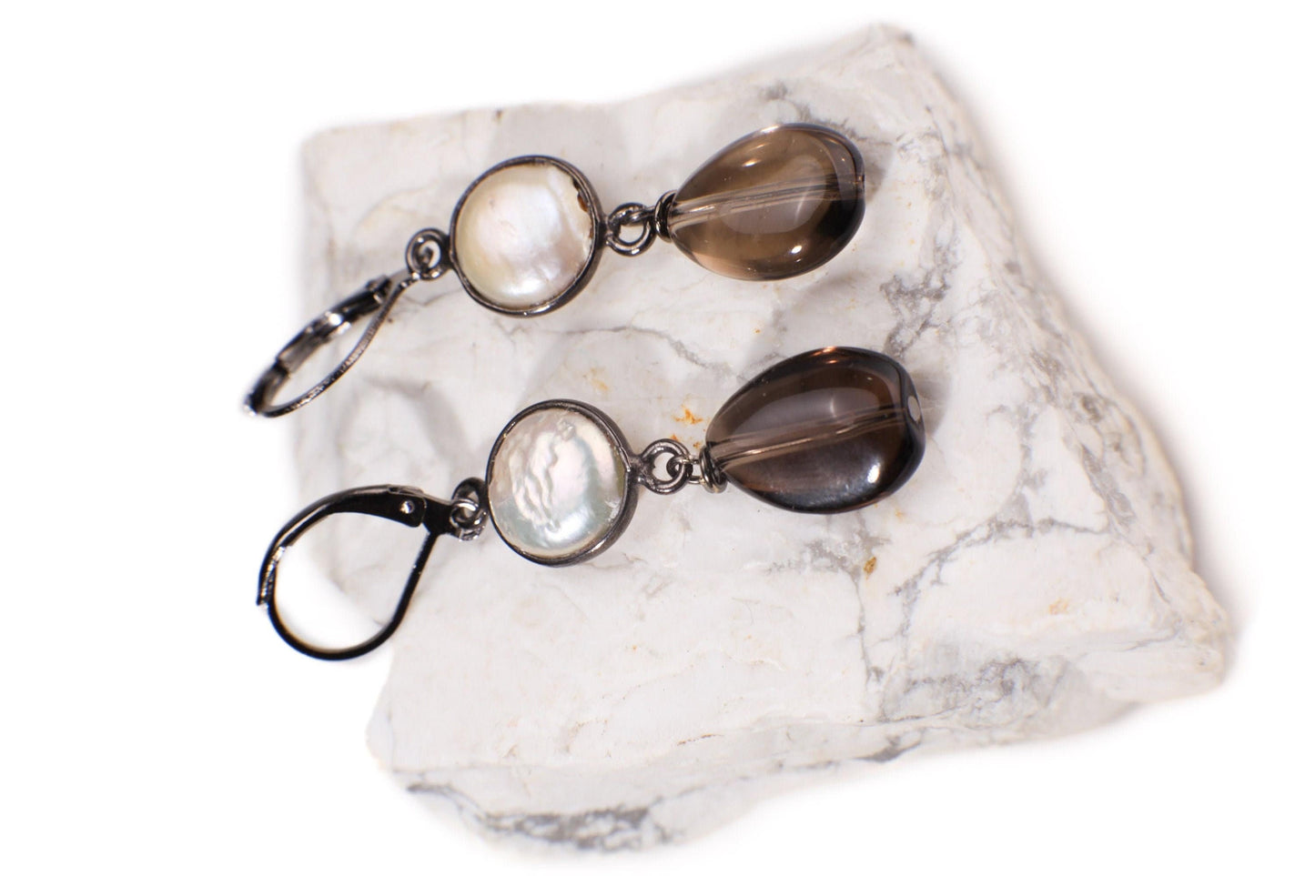 Freshwater Coin Pearl Oxidized Sterling Silver Bezel 11mm Dangle with Smokey Quartz Pear Drop 10x14mm Wire Wrapped Leverback Earrings