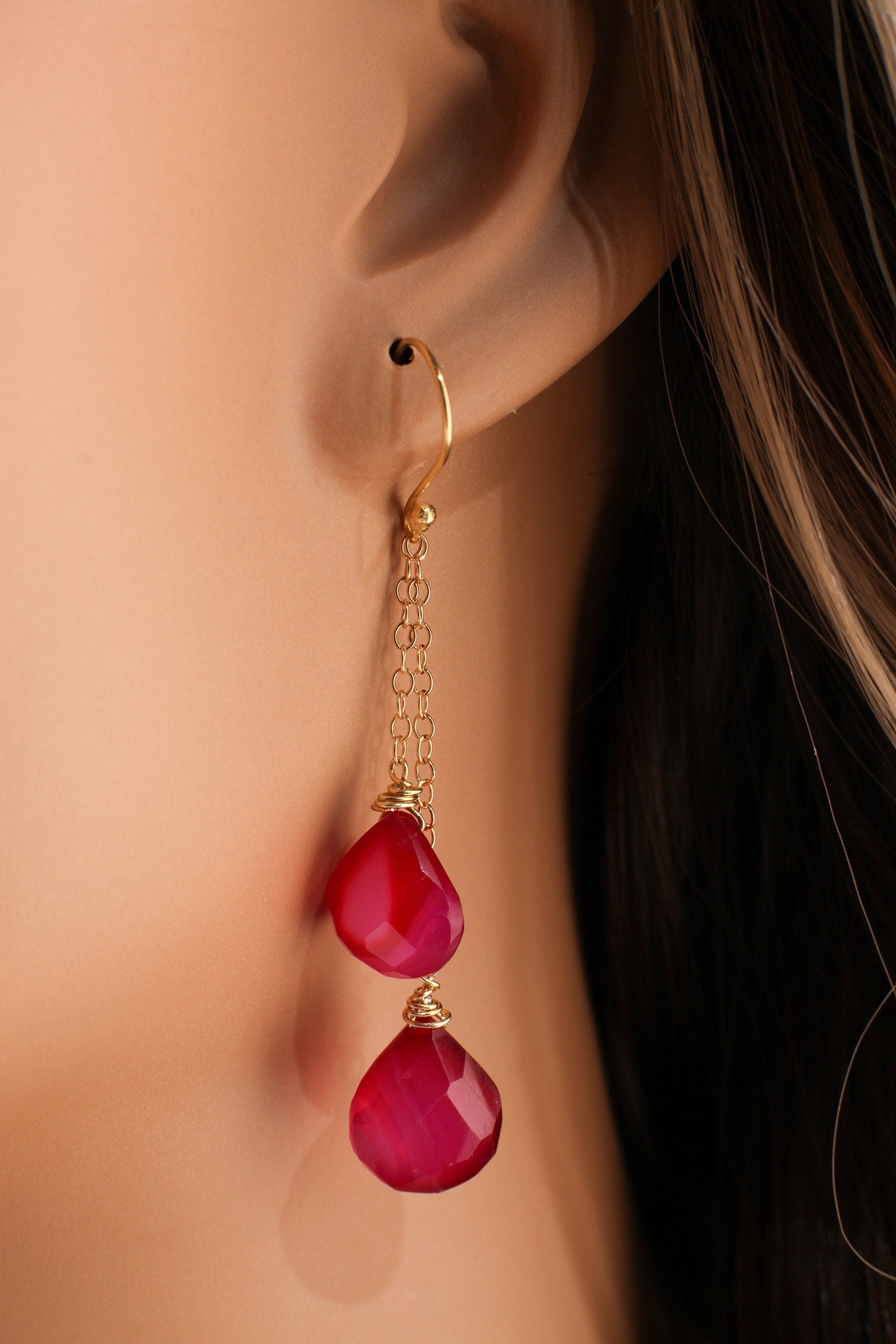 Hot Pink Chalcedony 12x13mm Briolette Wire Wrapped Teardrop, in 14K Gold Filled Dangle Chain & Earwire Boho Gemstone Jewelry valentine Gift