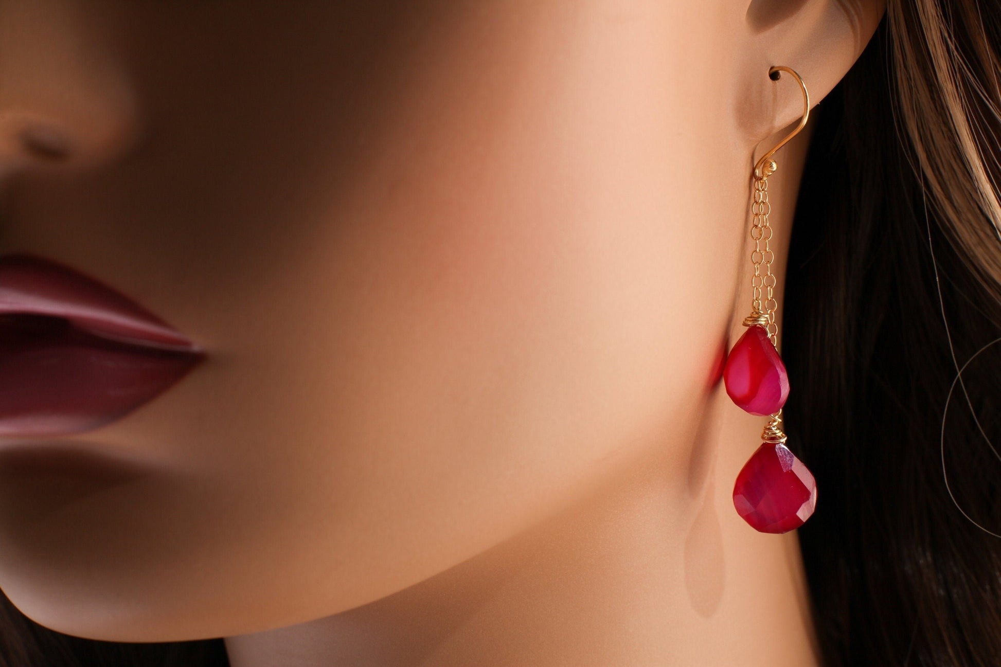 Hot Pink Chalcedony 12x13mm Briolette Wire Wrapped Teardrop, in 14K Gold Filled Dangle Chain & Earwire Boho Gemstone Jewelry valentine Gift