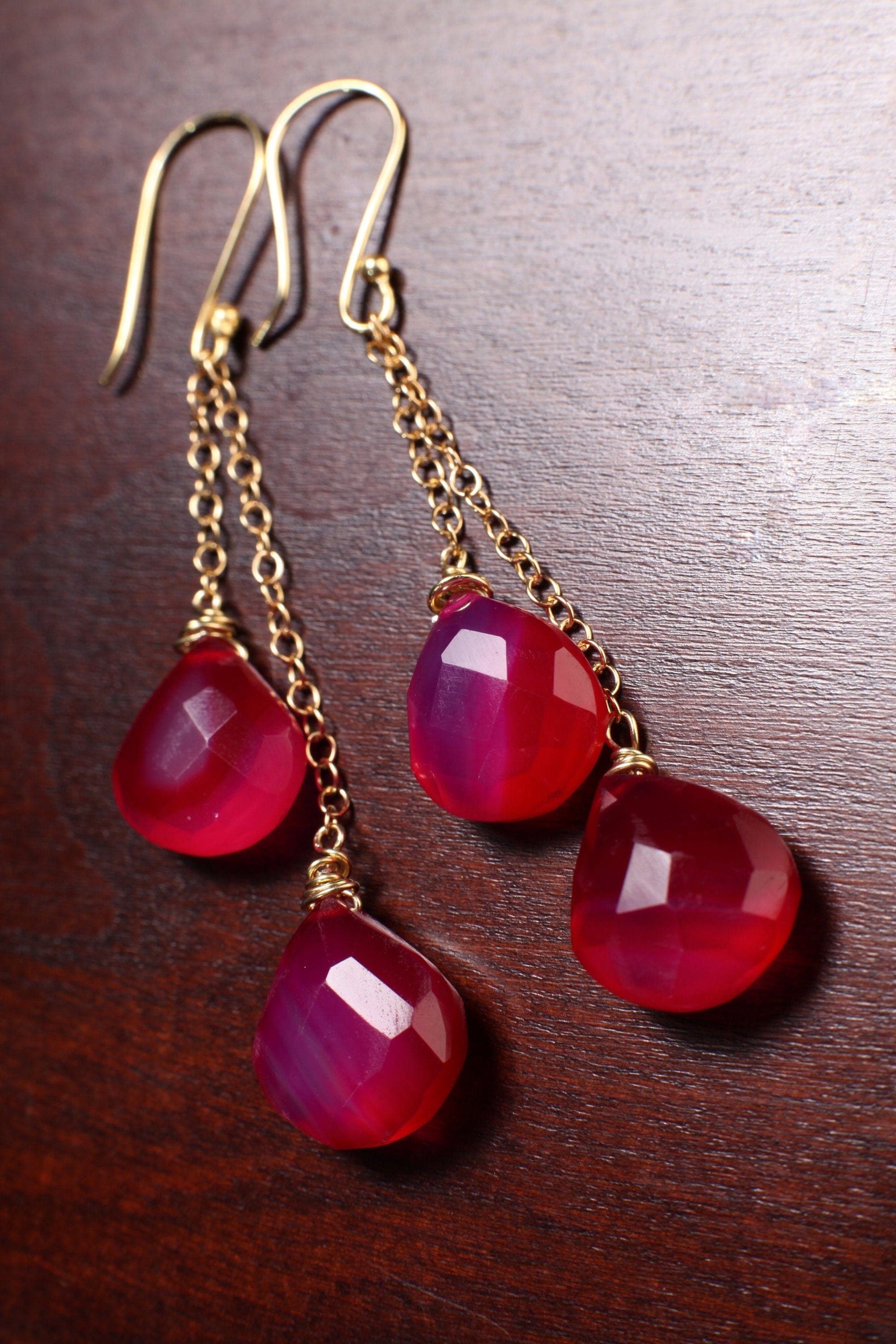 Hot Pink Chalcedony 12x13mm Briolette Wire Wrapped Teardrop, in 14K Gold Filled Dangle Chain & Earwire Boho Gemstone Jewelry valentine Gift