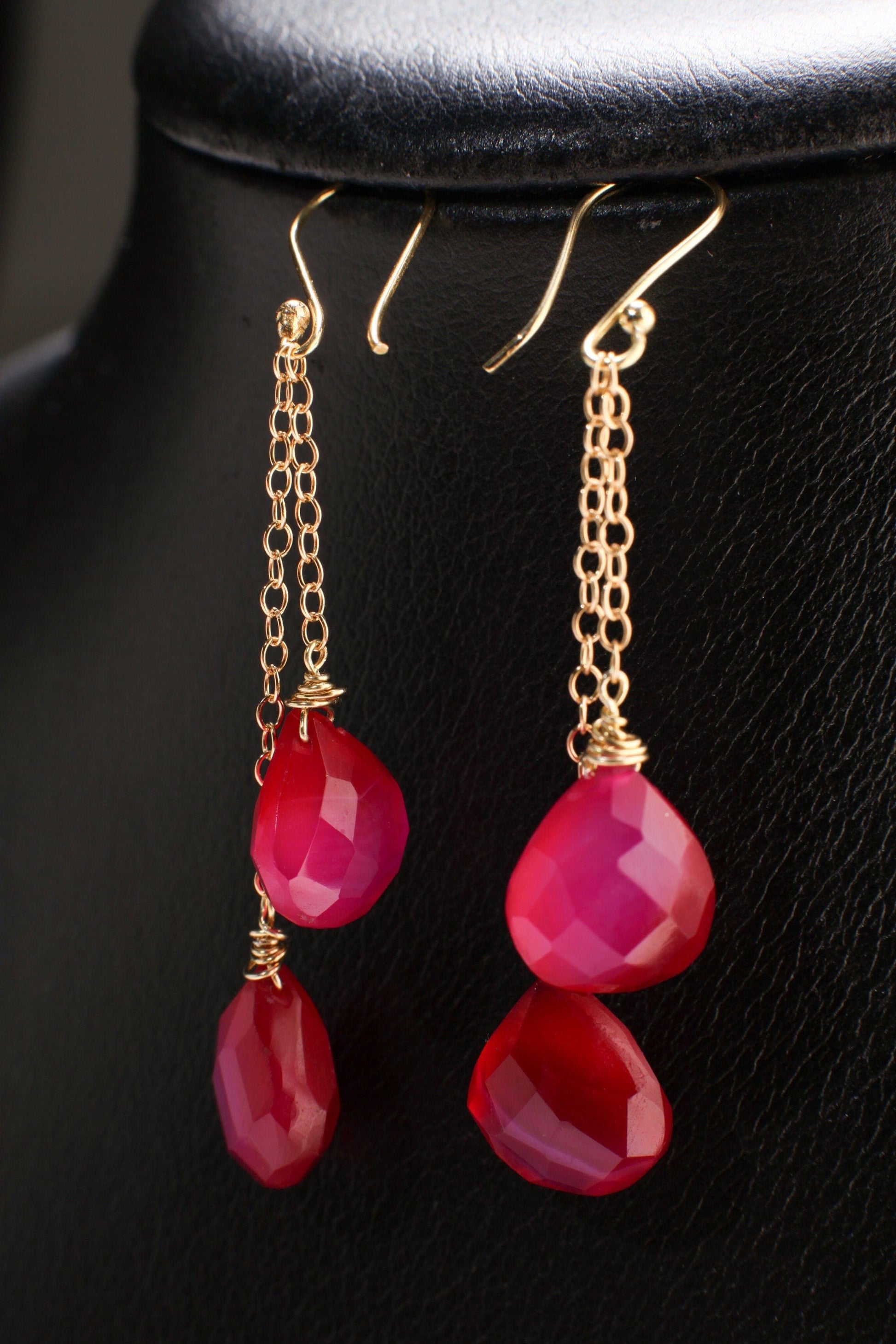 Hot Pink Chalcedony 12x13mm Briolette Wire Wrapped Teardrop, in 14K Gold Filled Dangle Chain & Earwire Boho Gemstone Jewelry valentine Gift