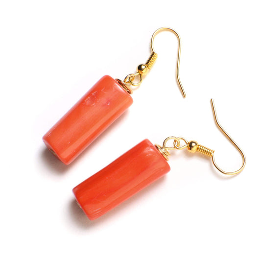 Bamboo Coral Earrings, Natural Free Form Branch Pink Stick 10x22mm Tube Gold Earwire Earrings, Gift for her