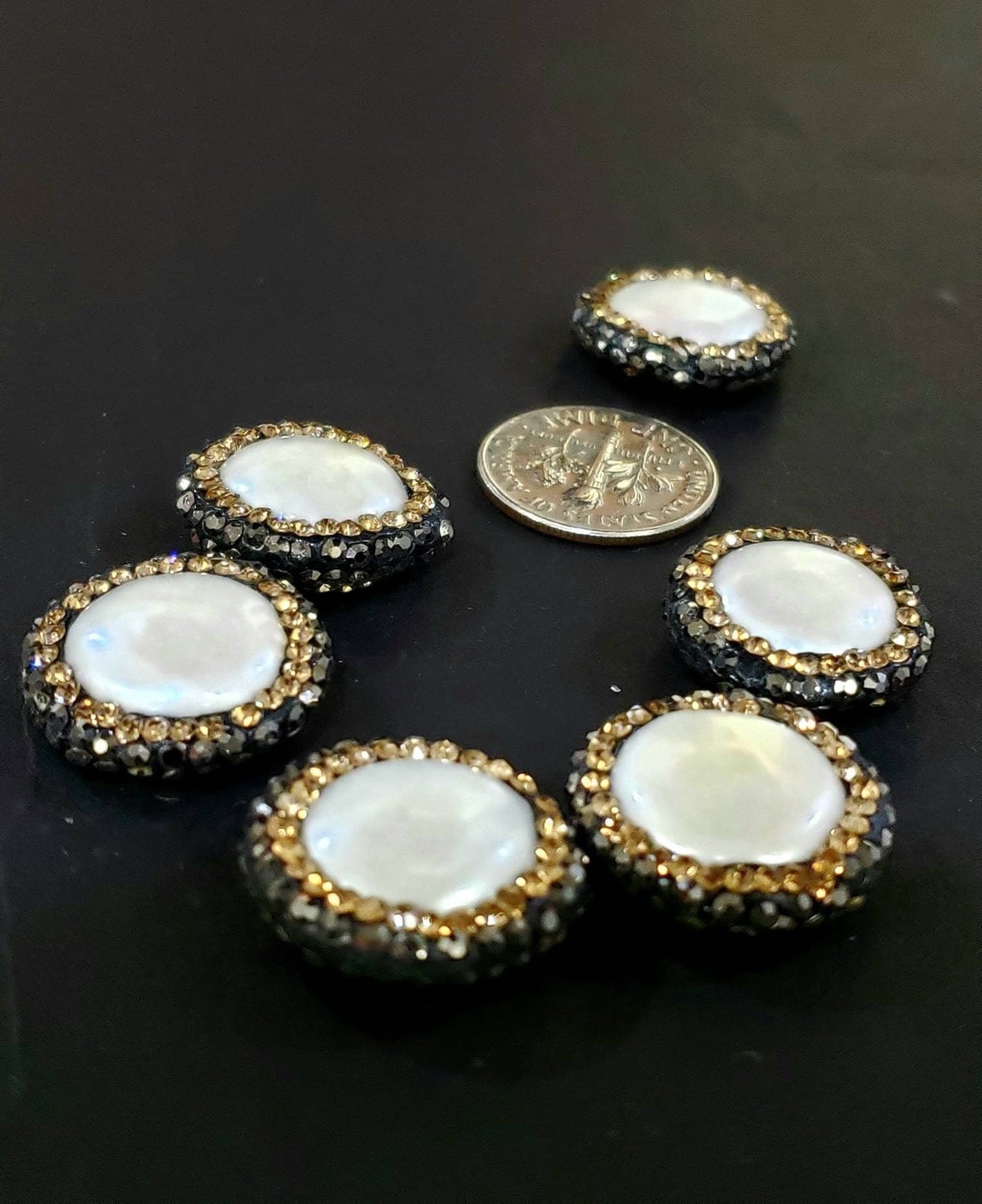Fresh water coin pearl rhinestone pave crystal black and gold line bead, center drilled , 19mm sparkly connector, spacer or focal bead .