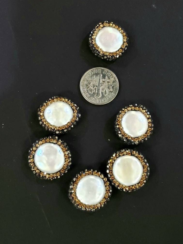 Fresh water coin pearl rhinestone pave crystal black and gold line bead, center drilled , 19mm sparkly connector, spacer or focal bead .