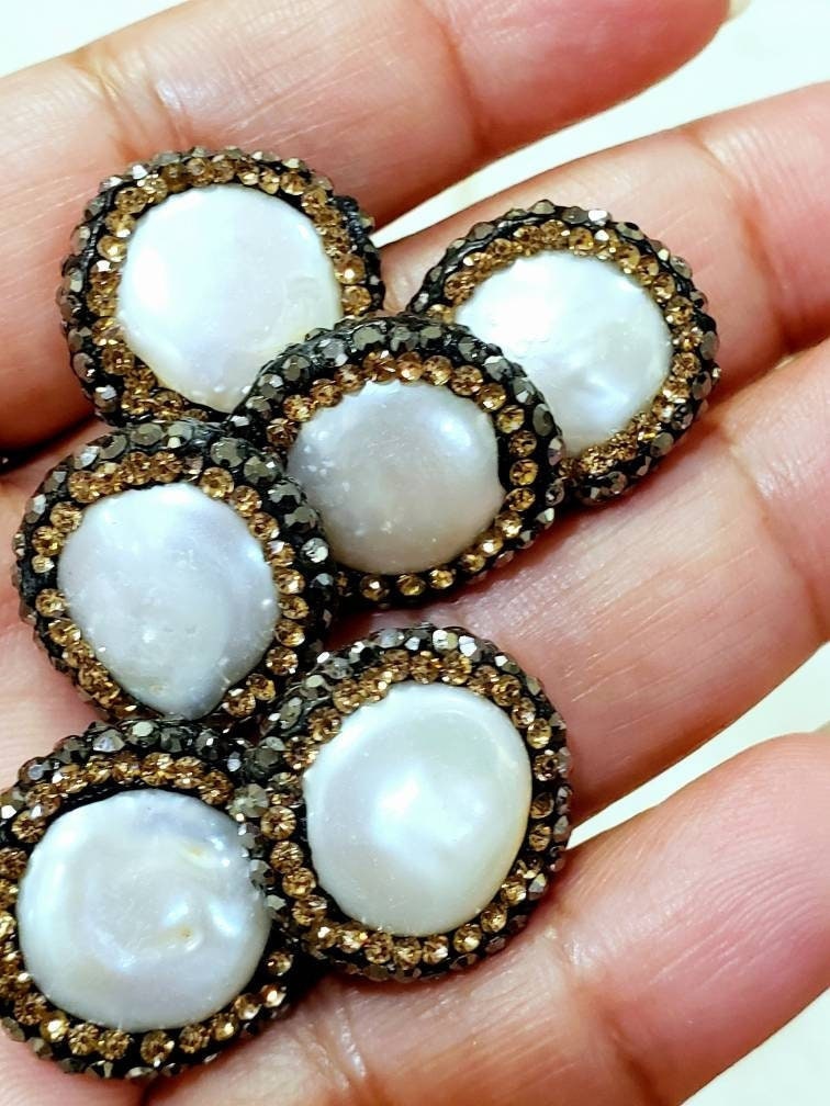 Fresh water coin pearl rhinestone pave crystal black and gold line bead, center drilled , 19mm sparkly connector, spacer or focal bead .