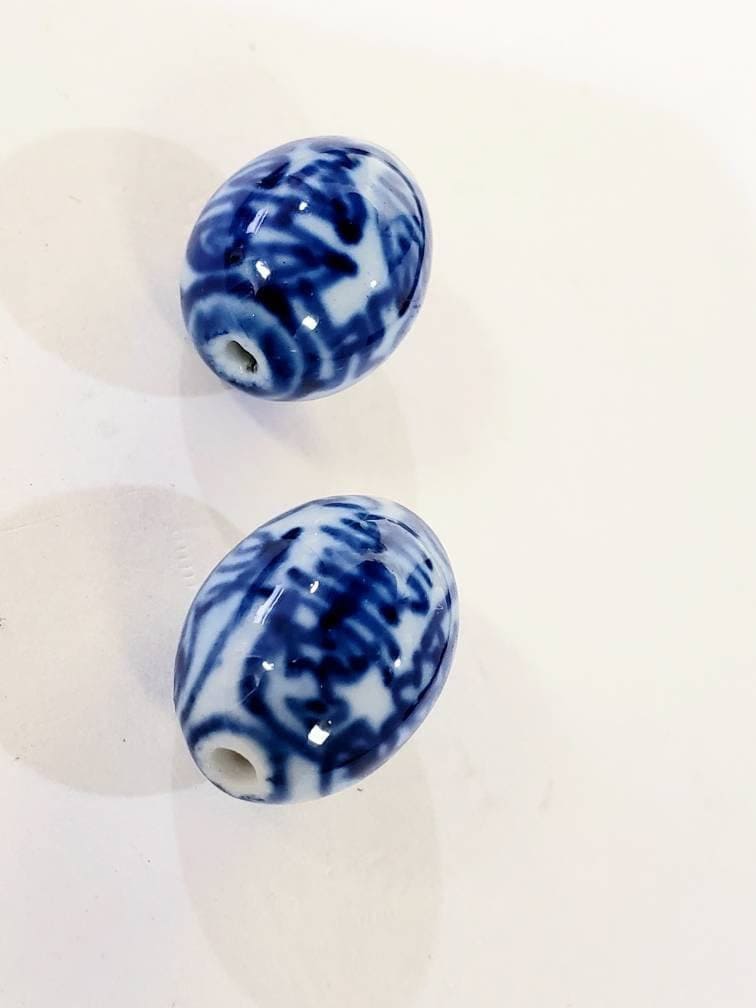 2 pieces Porcelain oval Long Life, floral bead, 12x18mm Oval bead for art deco, jewelry making vintage , Antique, Handmade bead.