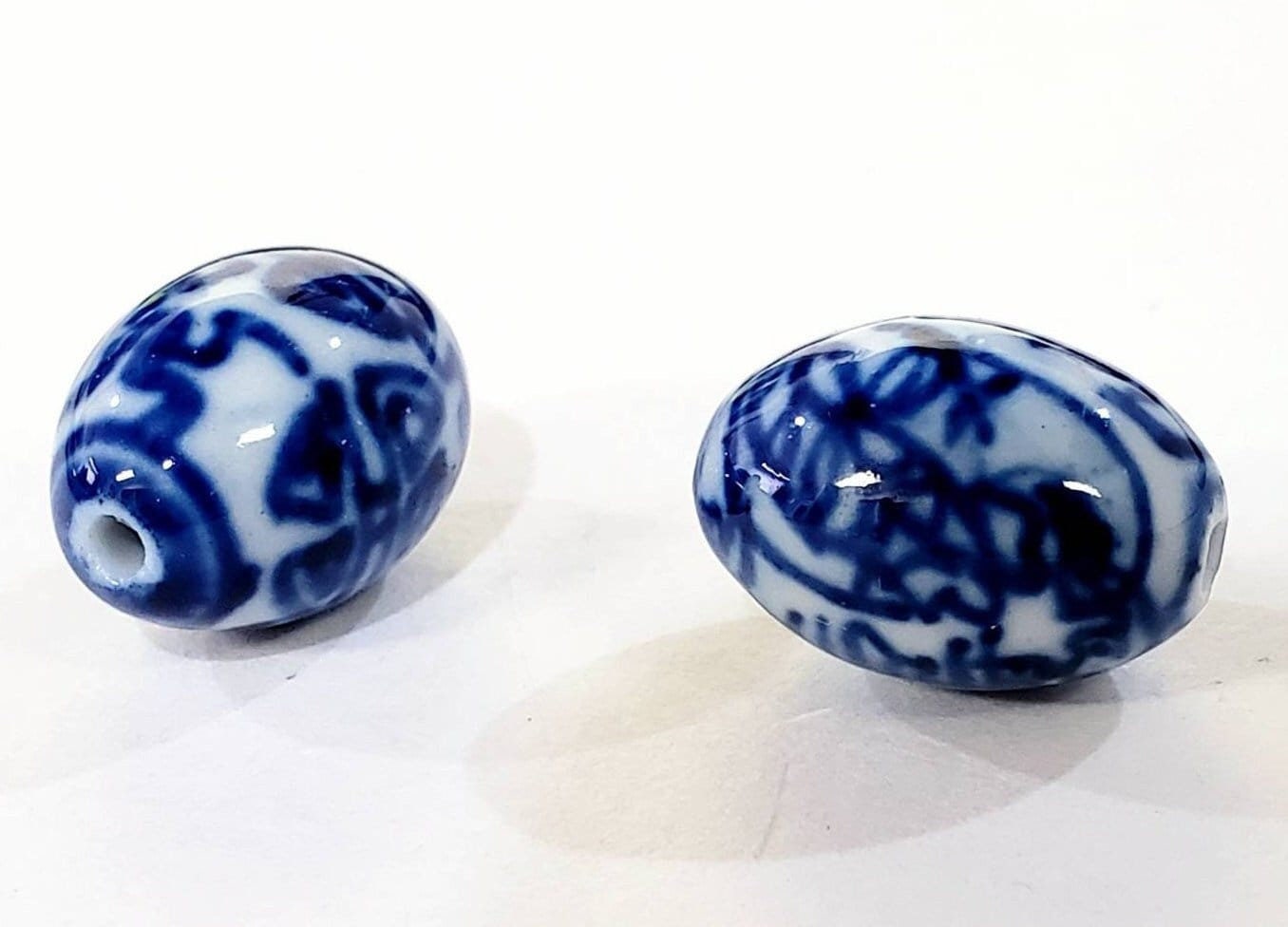 2 pieces Porcelain oval Long Life, floral bead, 12x18mm Oval bead for art deco, jewelry making vintage , Antique, Handmade bead.