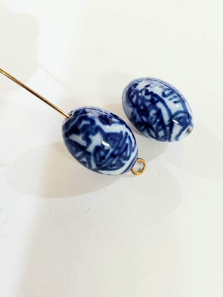 2 pieces Porcelain oval Long Life, floral bead, 12x18mm Oval bead for art deco, jewelry making vintage , Antique, Handmade bead.