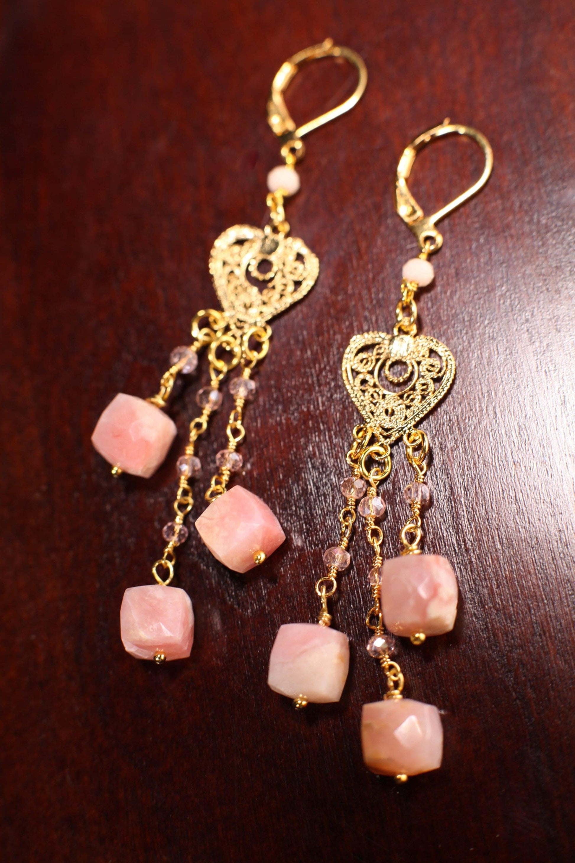 Natural Pink Peruvian Opal Earring, 8mm Cube Wire Wrapped in Gold Chandelier Leverback Ear Wire, October Birthstone, Bridal, Gift