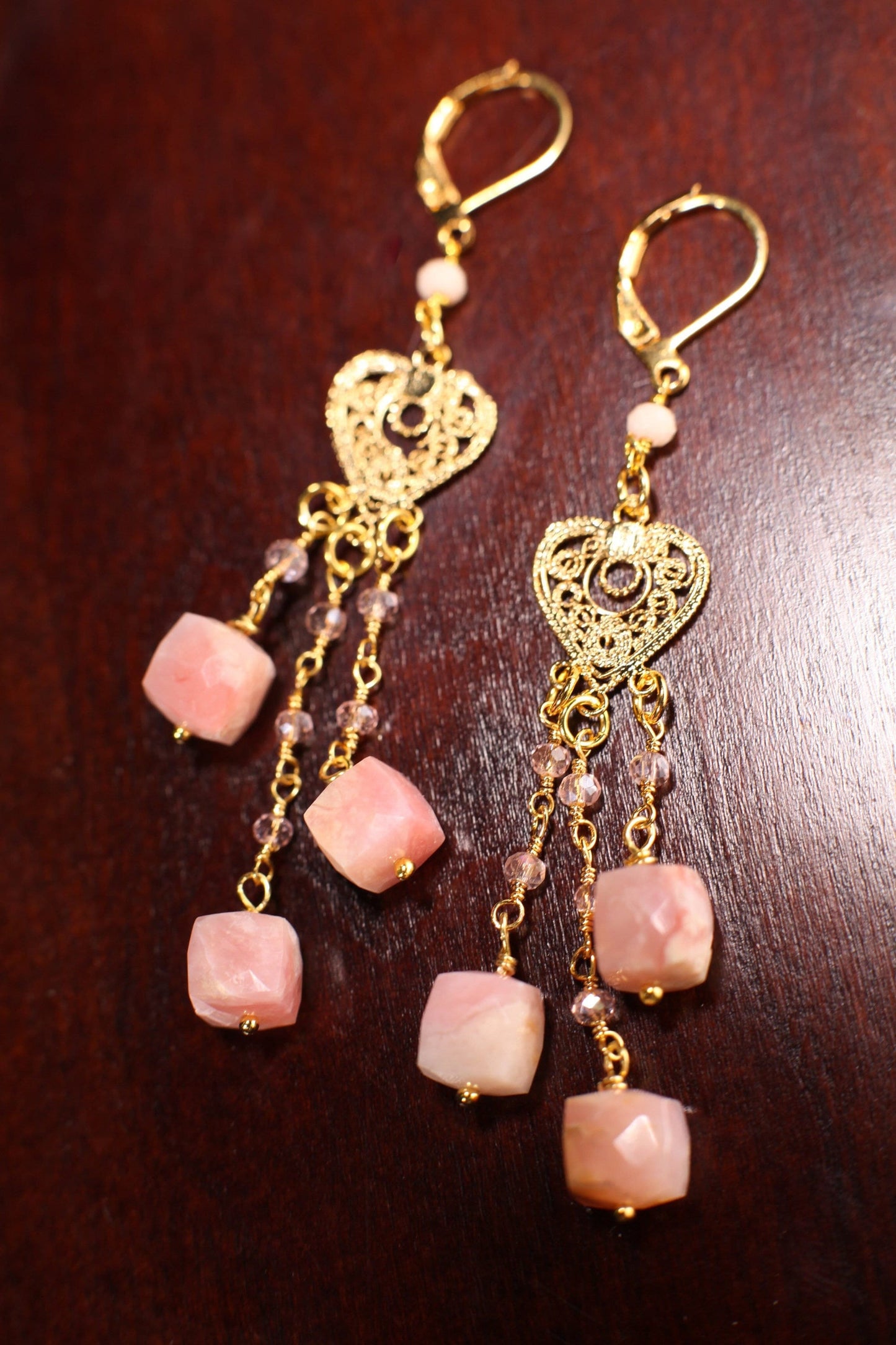 Natural Pink Peruvian Opal Earring, 8mm Cube Wire Wrapped in Gold Chandelier Leverback Ear Wire, October Birthstone, Bridal, Gift