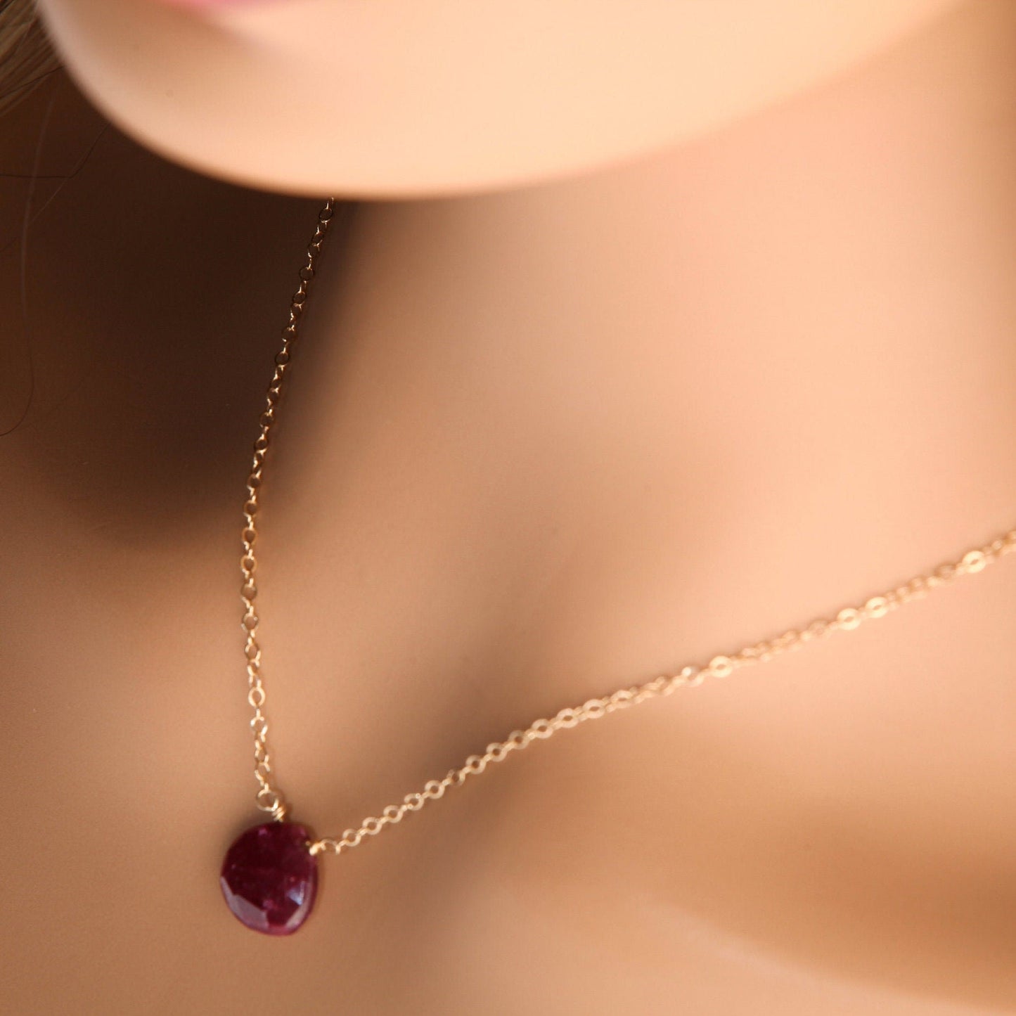 Ruby Necklace Set, Genuine Ruby Faceted 12mm Heart Briolette Teardrop Earrings and Necklace in 14K Gold Filled Cable Chain & Kidney Earwire