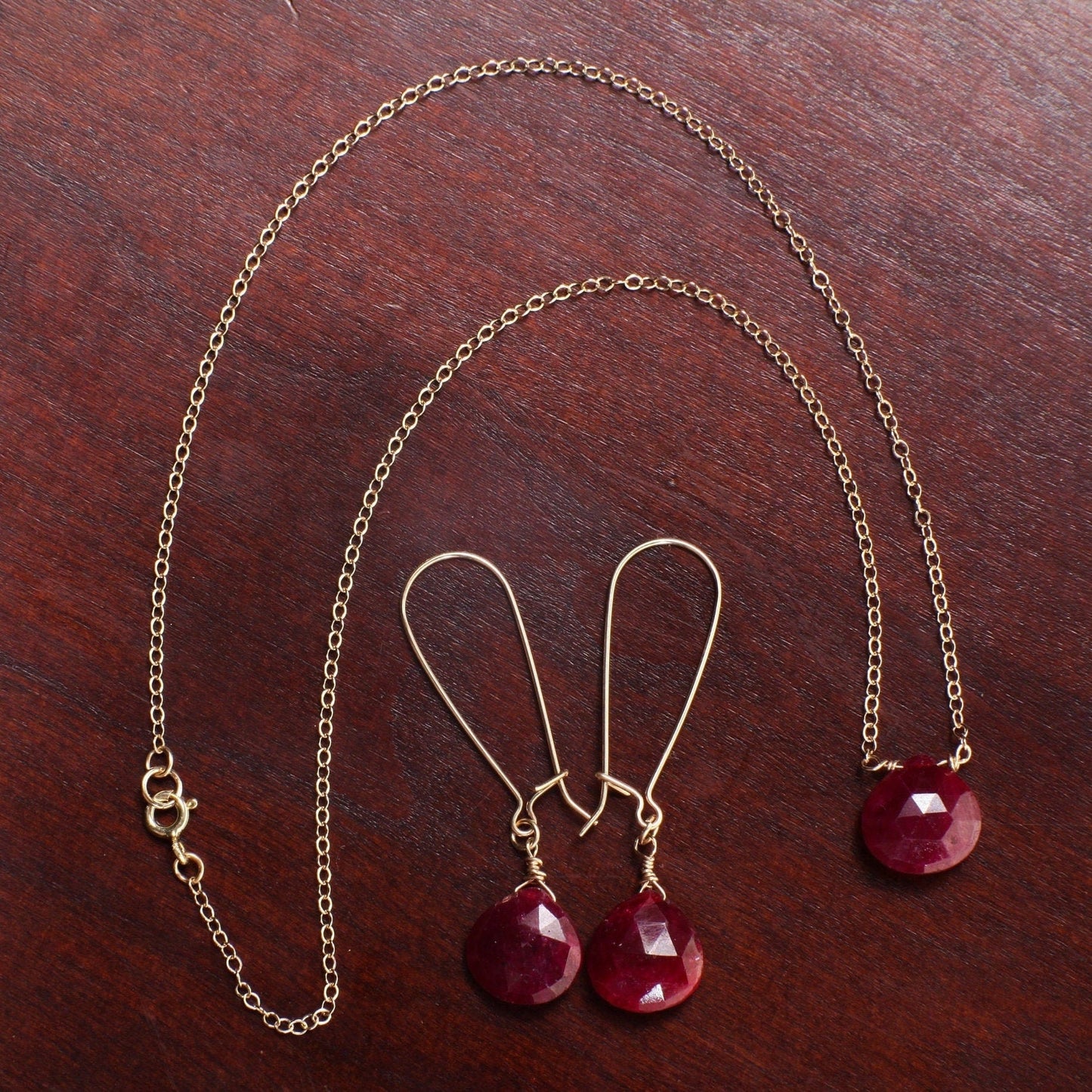 Ruby Necklace Set, Genuine Ruby Faceted 12mm Heart Briolette Teardrop Earrings and Necklace in 14K Gold Filled Cable Chain & Kidney Earwire