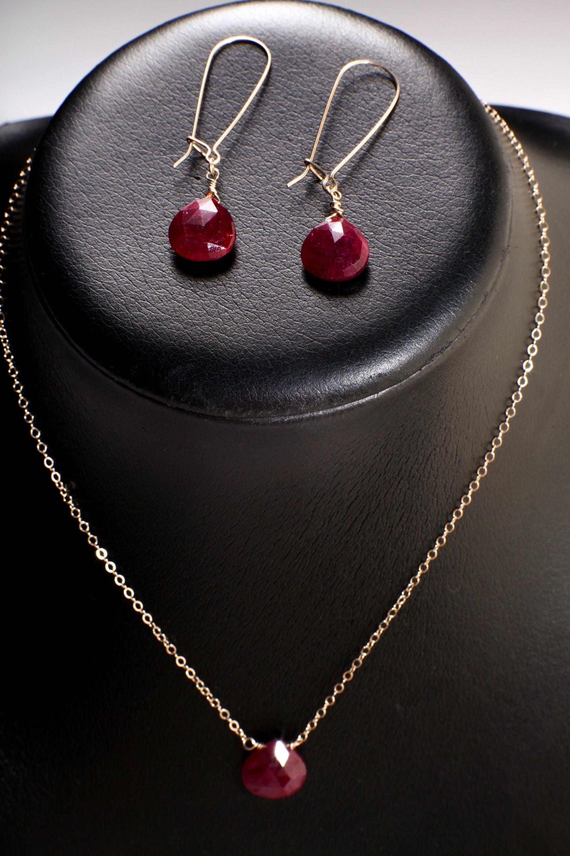 Ruby Necklace Set, Genuine Ruby Faceted 12mm Heart Briolette Teardrop Earrings and Necklace in 14K Gold Filled Cable Chain & Kidney Earwire