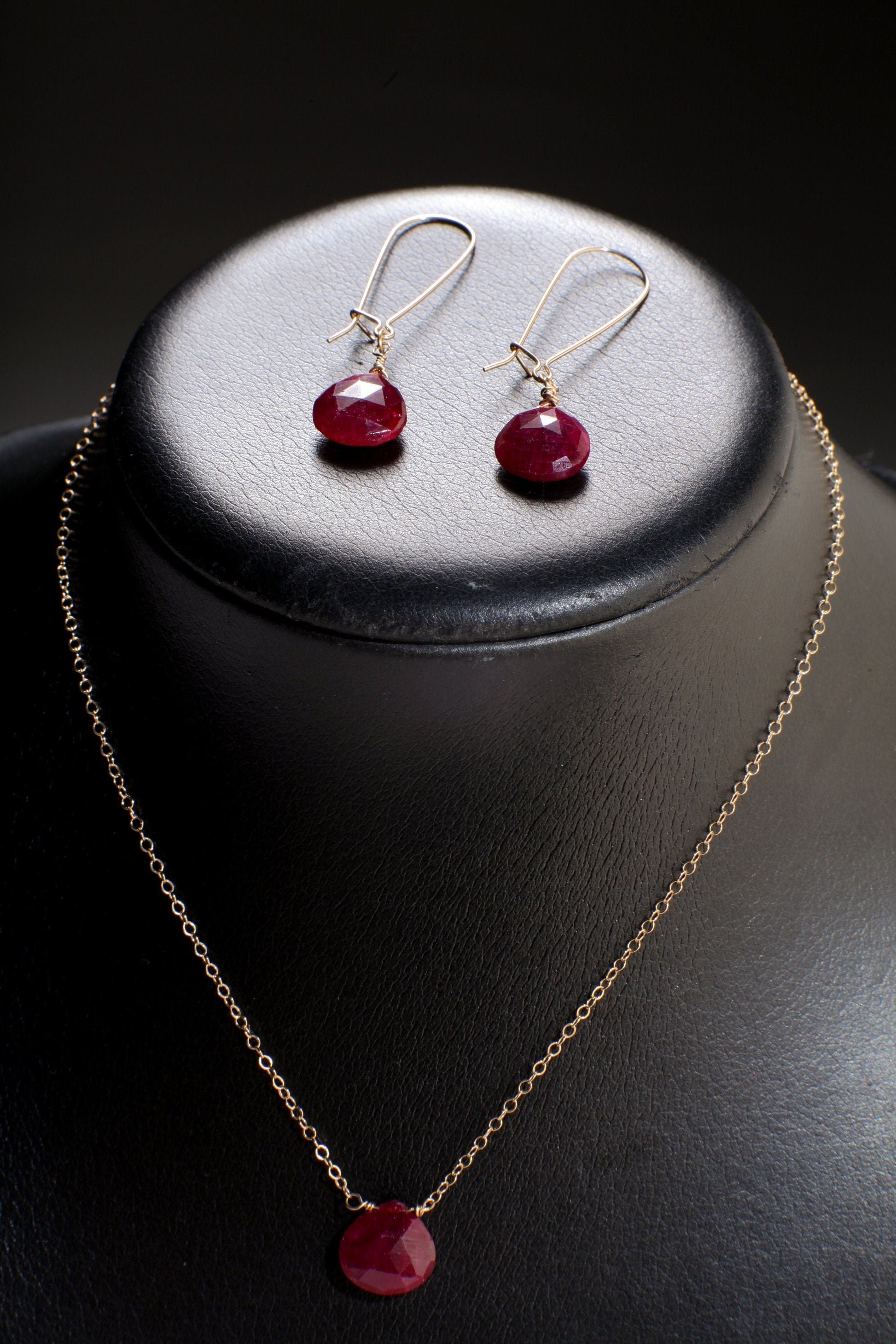 Ruby Necklace Set, Genuine Ruby Faceted 12mm Heart Briolette Teardrop Earrings and Necklace in 14K Gold Filled Cable Chain & Kidney Earwire