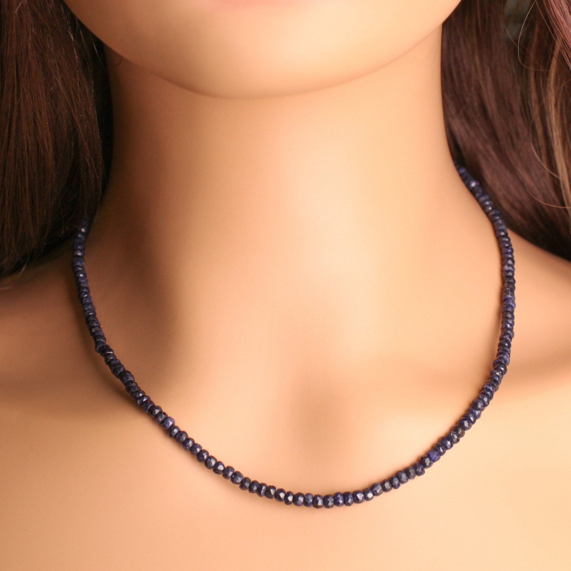 Genuine Sapphire Faceted Roundel 4mm Dark Blue Sapphire Gemstone Statement Necklace with Fancy Rhodium Silver lobster clasp
