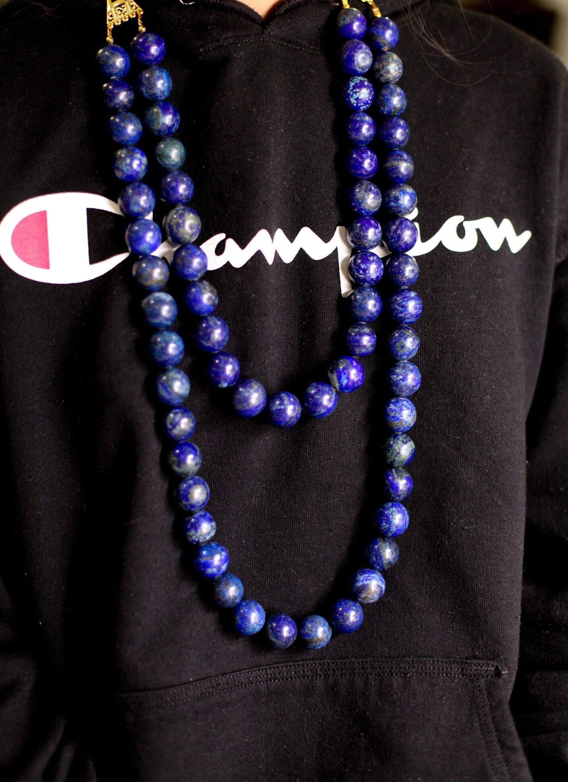 Natural Lapis Lazuli 18mm 2 Layer 18&quot; and 27&quot; Handmade Necklace, 7.5&quot; Bracelet, Matching Earrings Jewelry Set