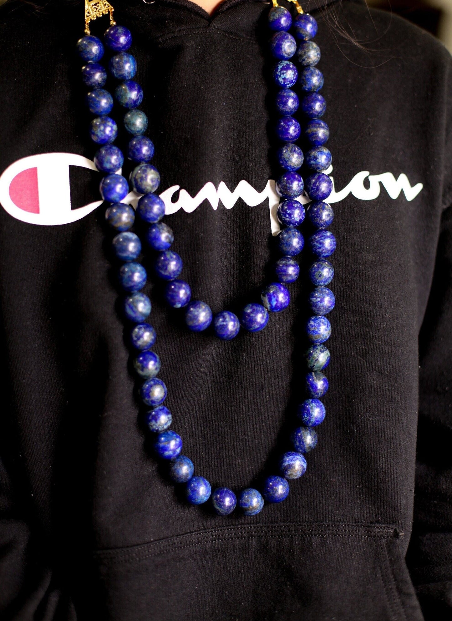 Natural Lapis Lazuli 18mm 2 Layer 18" and 27" Handmade Necklace, 7.5" Bracelet, Matching Earrings Jewelry Set