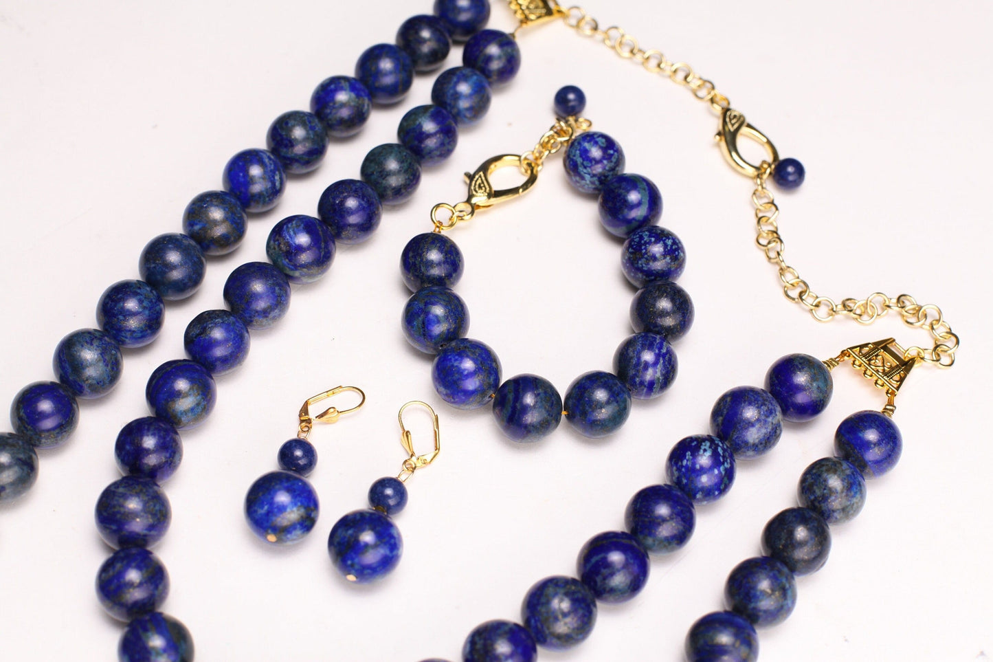 Natural Lapis Lazuli 18mm 2 Layer 18" and 27" Handmade Necklace, 7.5" Bracelet, Matching Earrings Jewelry Set