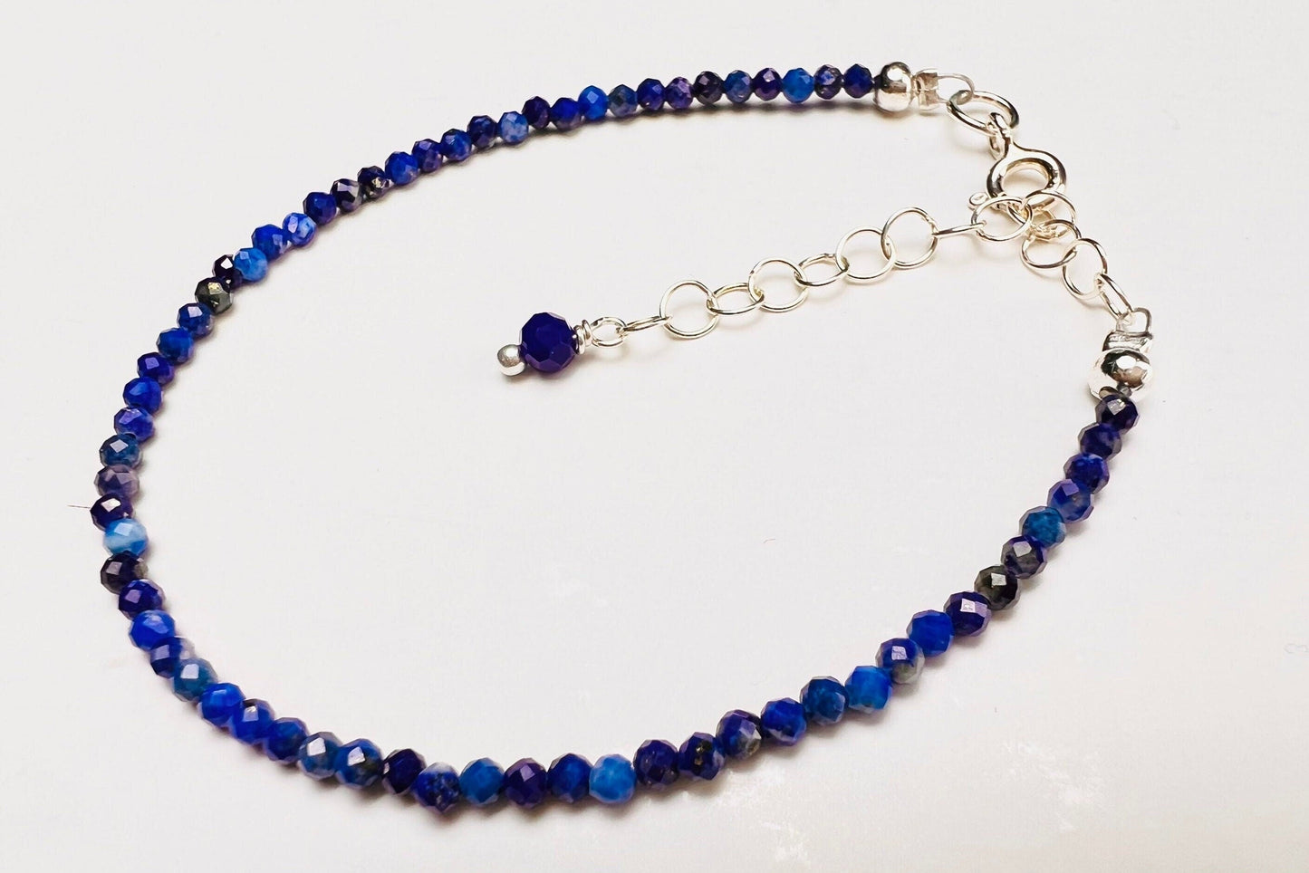 Lapis Lazuli Blue 2mm micro faceted Bracelet 925 Sterling with 1.5 extensions,Precious Gemstones gift .