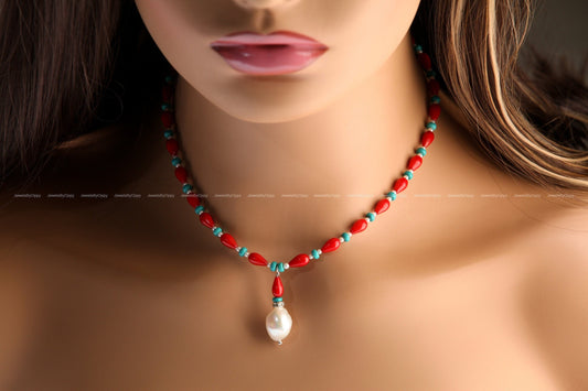 Genuine AAA Red Bamboo 5x9mm Coral Tear drop with Turquoise 4mm Roundel & Fresh Water pearl Spacers, 925 Sterling Silver Necklace 14-30&quot;