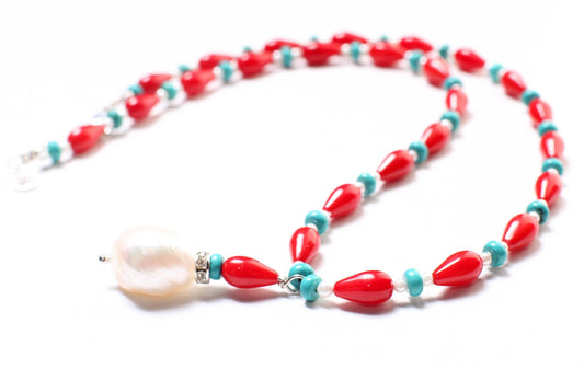 Genuine AAA Red Bamboo 5x9mm Coral Tear drop with Turquoise 4mm Roundel & Fresh Water pearl Spacers, 925 Sterling Silver Necklace 14-30&quot;