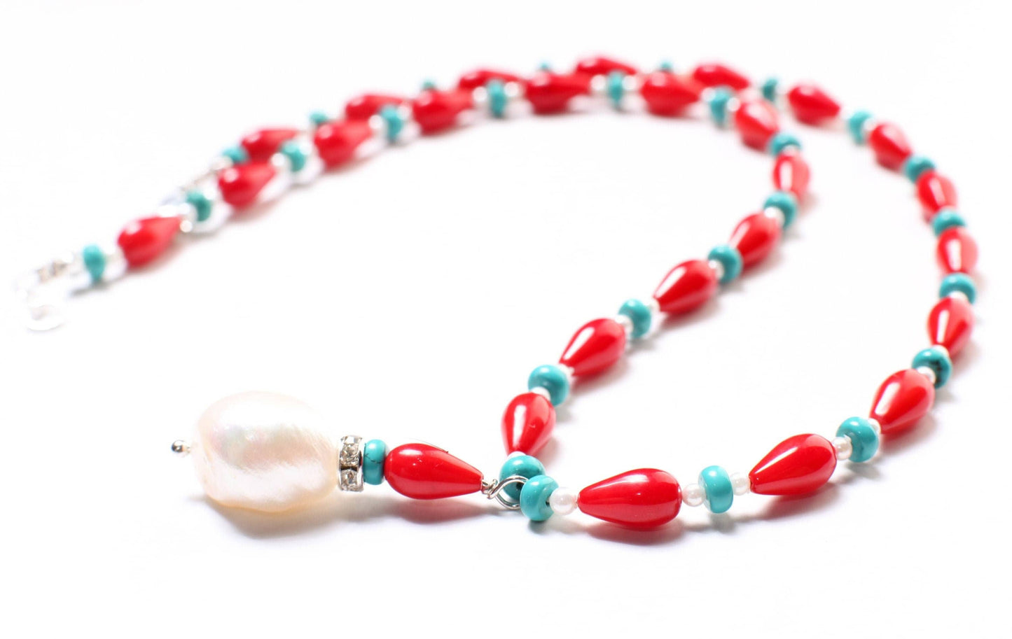 Genuine AAA Red Bamboo 5x9mm Coral Tear drop with Turquoise 4mm Roundel & Fresh Water pearl Spacers, 925 Sterling Silver Necklace 14-30"