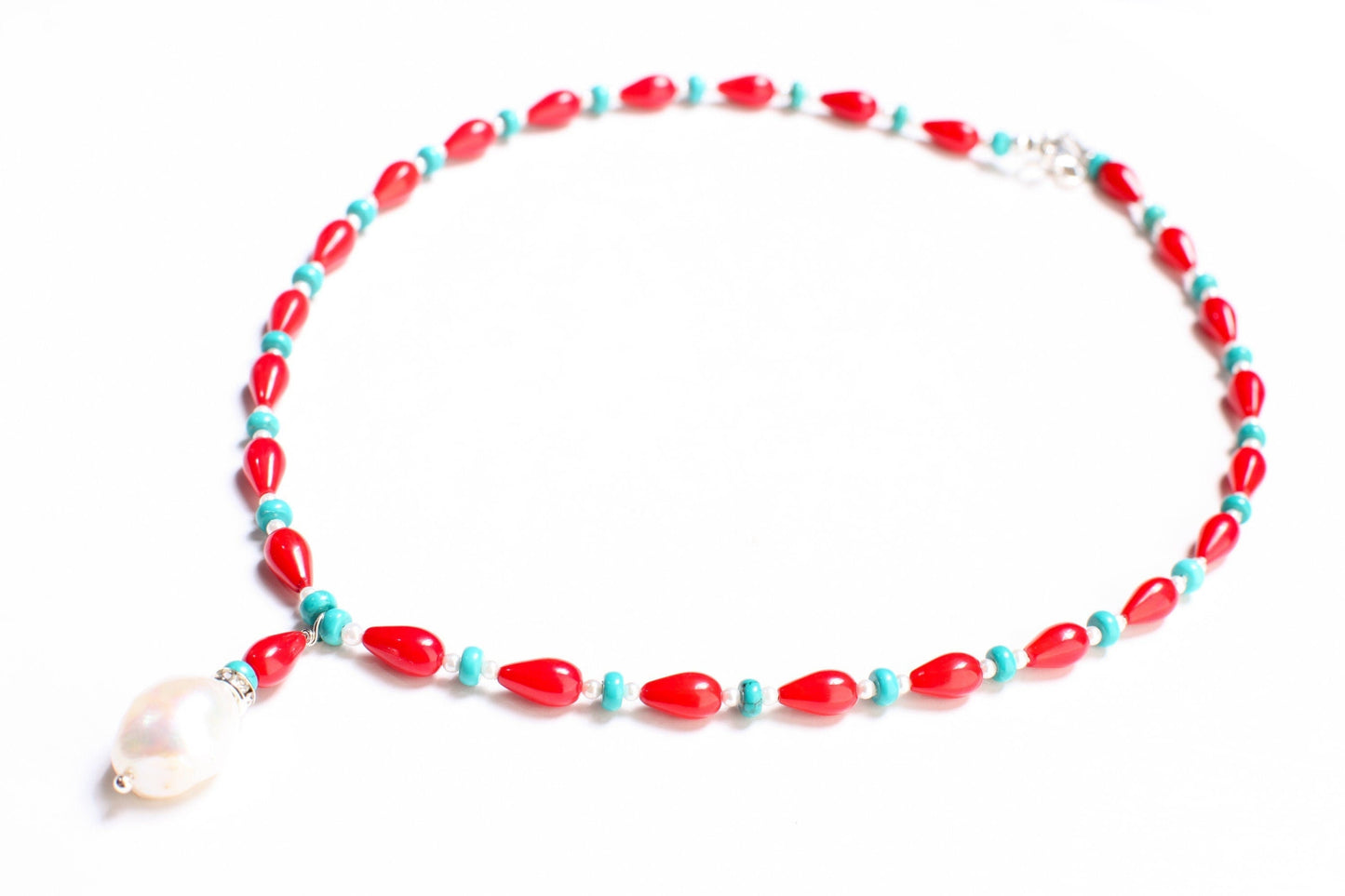 Genuine AAA Red Bamboo 5x9mm Coral Tear drop with Turquoise 4mm Roundel & Fresh Water pearl Spacers, 925 Sterling Silver Necklace 14-30"