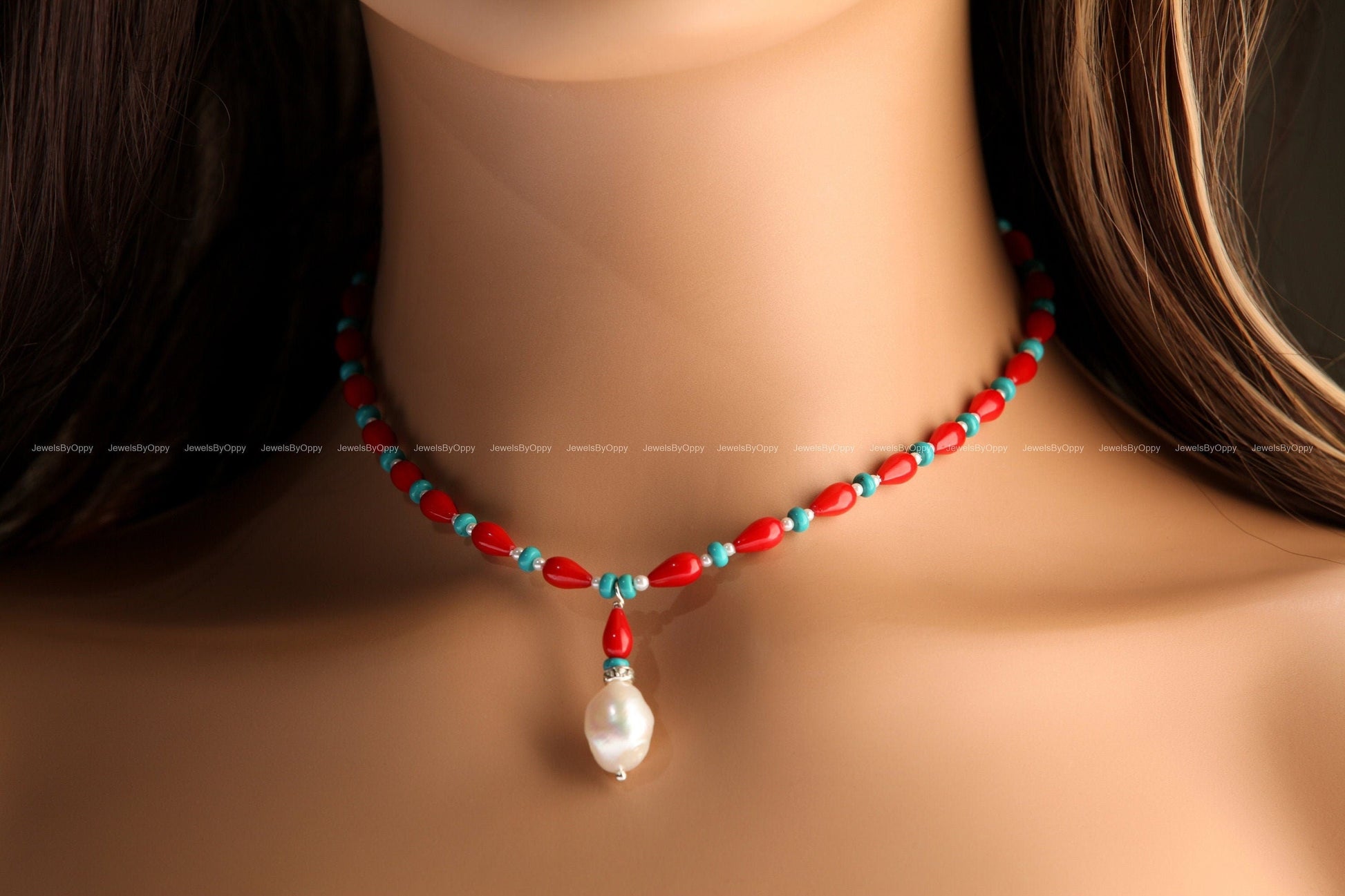Genuine AAA Red Bamboo 5x9mm Coral Tear drop with Turquoise 4mm Roundel & Fresh Water pearl Spacers, 925 Sterling Silver Necklace 14-30"