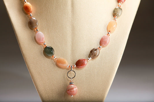 Natural Multi Rutilated Quartz Smooth AAA Oval, accent Peach Moonstone Pendant with Rhodium Clasp 18" Necklace with 2" Extension Chain