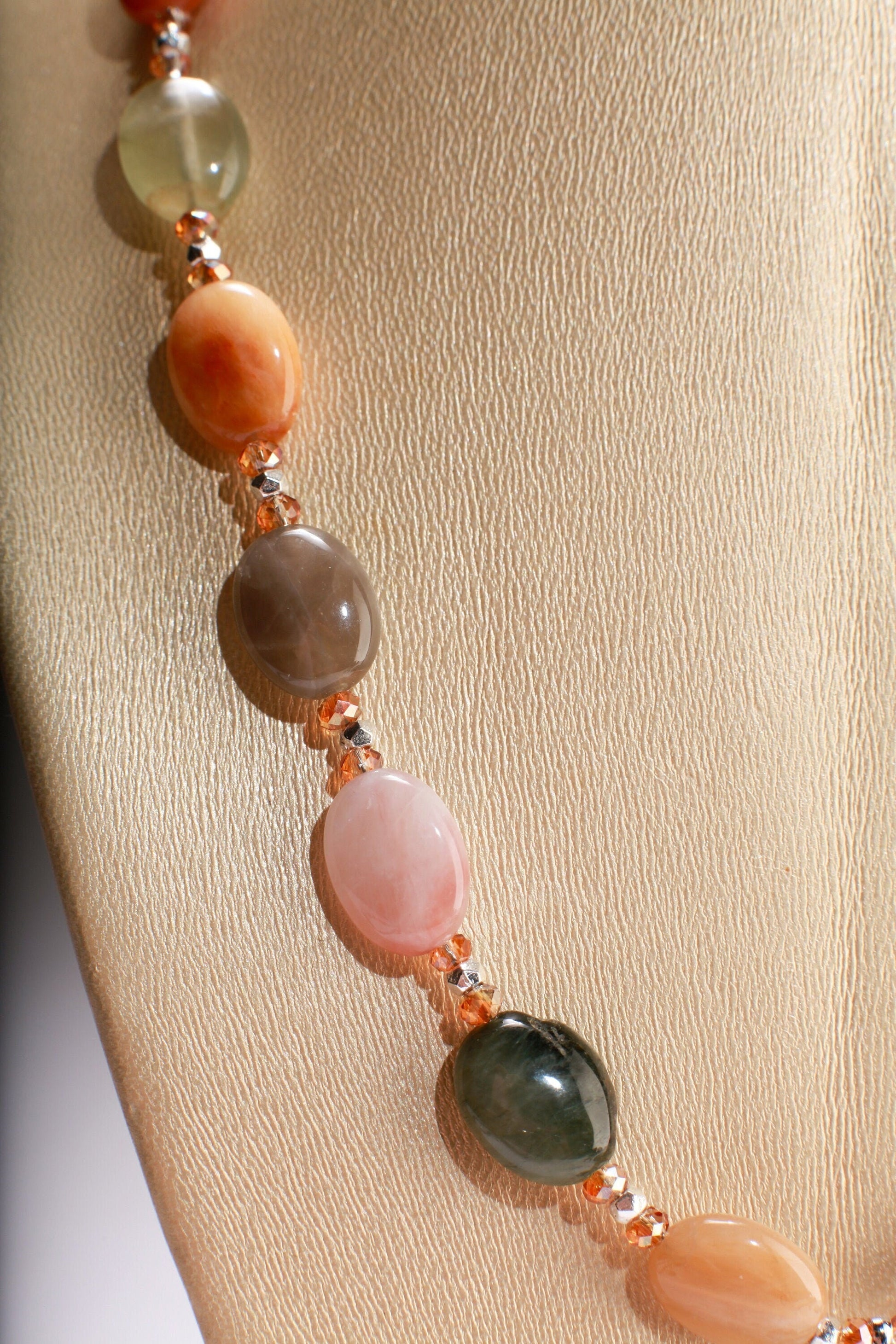 Natural Multi Rutilated Quartz Smooth AAA Oval, accent Peach Moonstone Pendant with Rhodium Clasp 18" Necklace with 2" Extension Chain