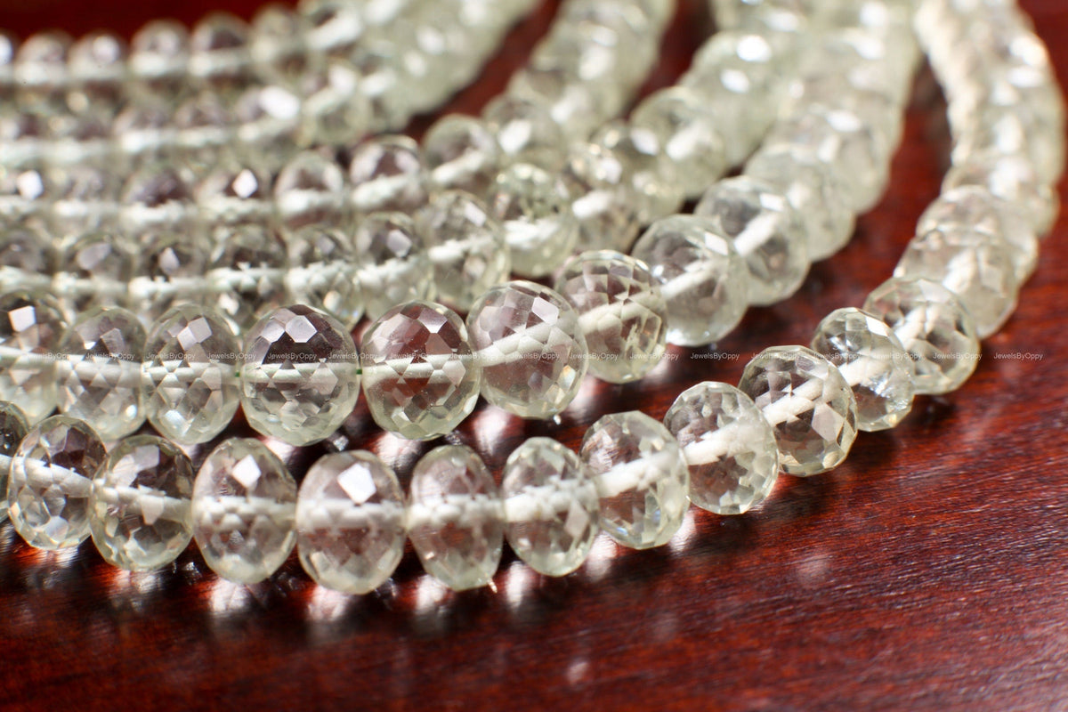 Green Amethyst Faceted Rondelle, 6-10mm Green Prasiolite Jewelry Making Gemstone Beads 6.5"