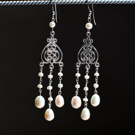 Genuine Freshwater Cultural Pearl Earrings, Freshwater Pearl Earrings in 925 Sterling Silver Chandelier and Earwire, Handmade Gift for Her