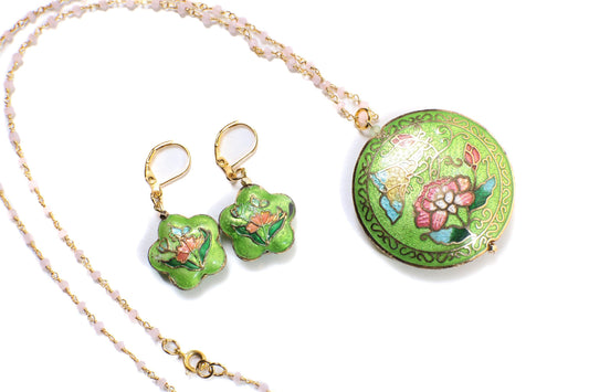 Traditional Cloisonné Pendant Vintage Floral Flowers Pink Revisable Focal with Beaded Chain Necklace 20&quot; and matching Earrings set