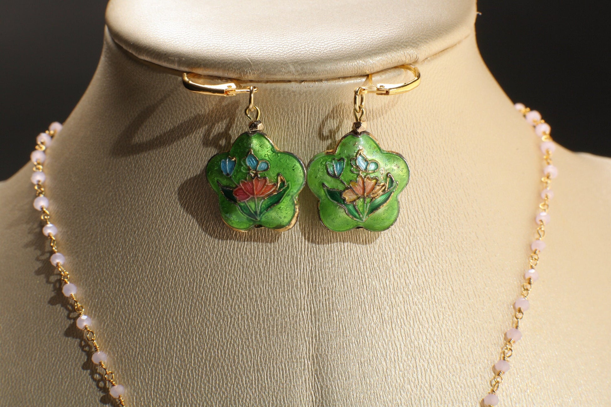 Traditional Cloisonné Pendant Vintage Floral Flowers Pink Revisable Focal with Beaded Chain Necklace 20" and matching Earrings set