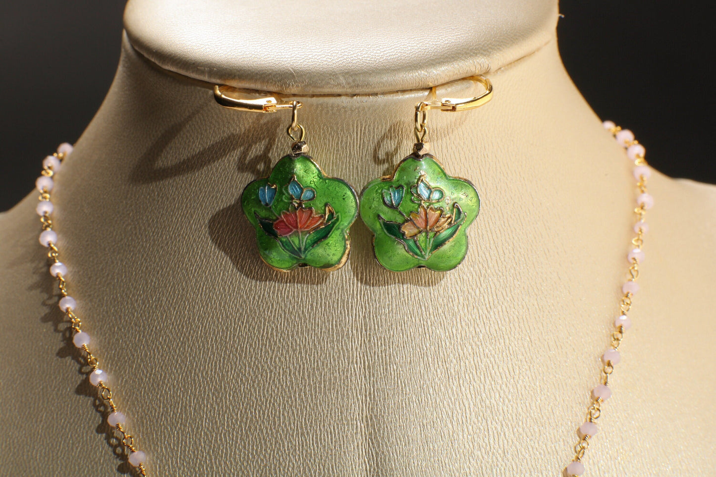 Traditional Cloisonné Pendant Vintage Floral Flowers Pink Revisable Focal with Beaded Chain Necklace 20&quot; and matching Earrings set