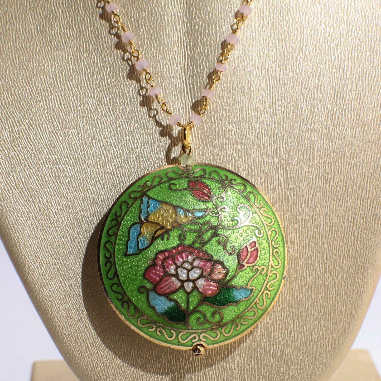 Traditional Cloisonné Pendant Vintage Floral Flowers Pink Revisable Focal with Beaded Chain Necklace 20&quot; and matching Earrings set