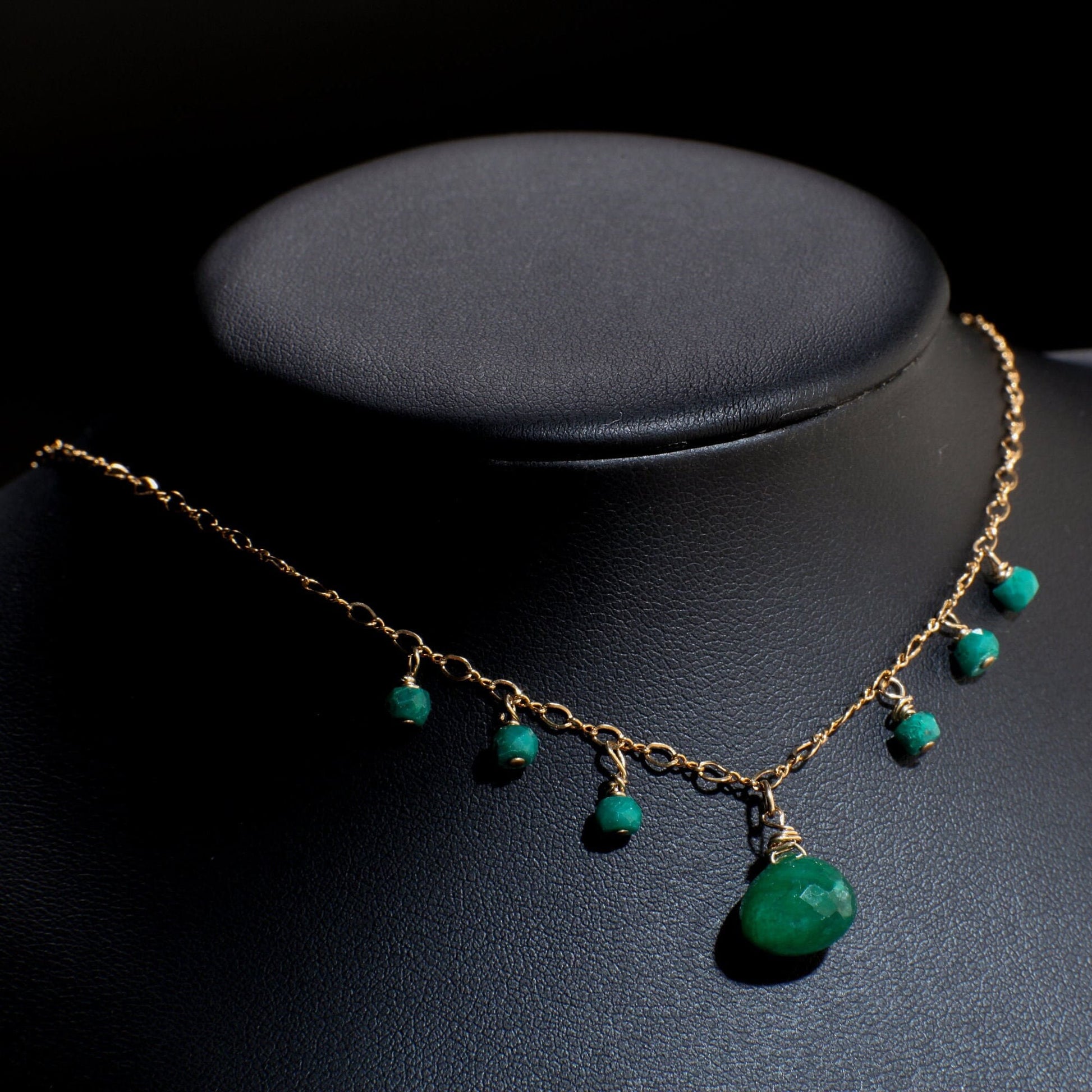 Emerald Briolette Necklace, Natural Emerald Faceted Onion Shape Teardrop & Rondelle Dangling, 14K Gold Filled Figure 8 Gemstone 18&quot; Necklace