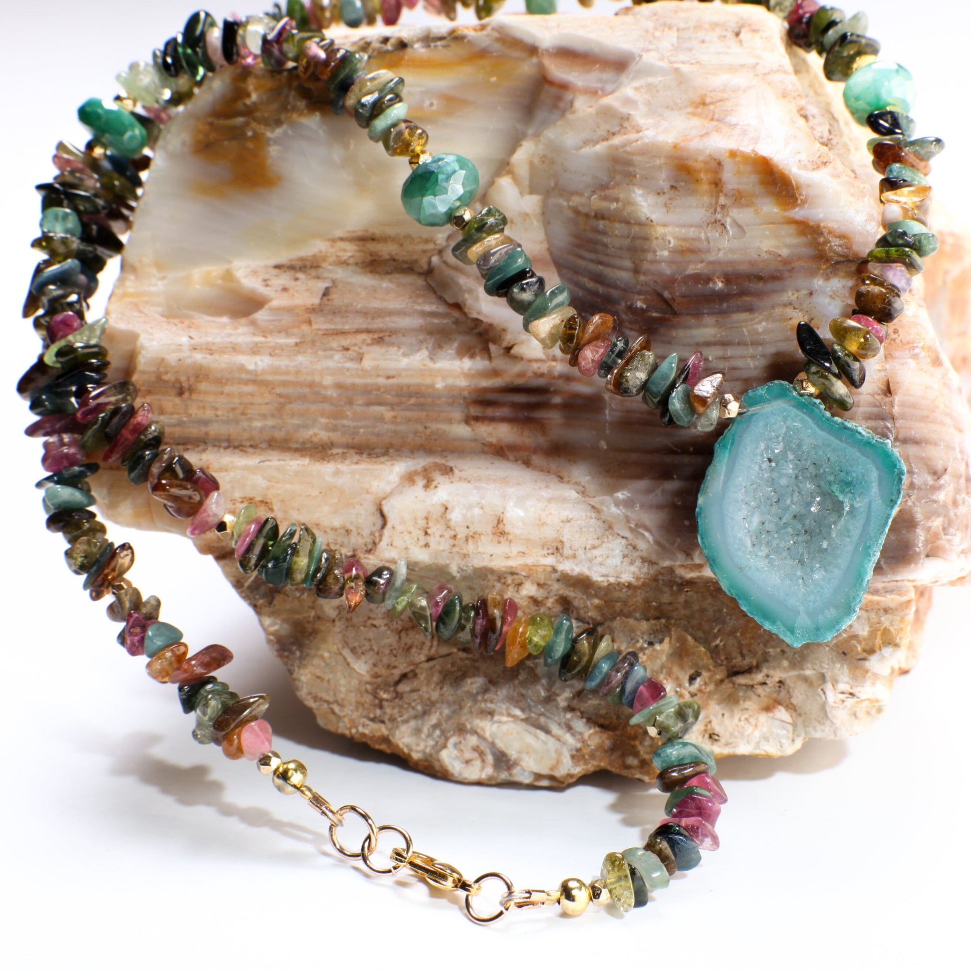Watermelon Multi Tourmaline Raw Nugget chips, Faceted Green Moonstone Accents Beads, Druzy Agate Geode Gemstone Pendant 20.5&quot; Necklace