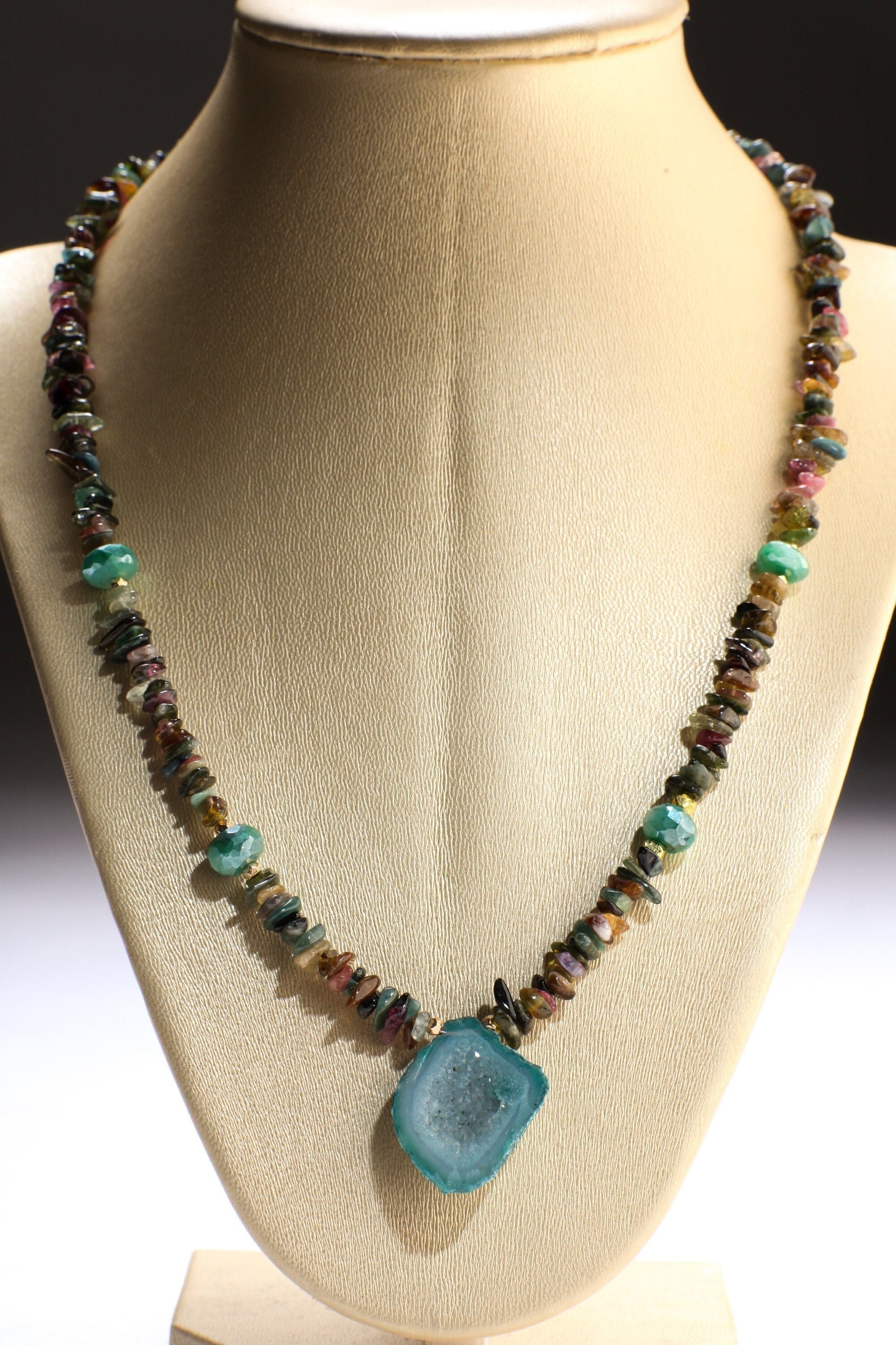 Watermelon Multi Tourmaline Raw Nugget chips, Faceted Green Moonstone Accents Beads, Druzy Agate Geode Gemstone Pendant 20.5" Necklace