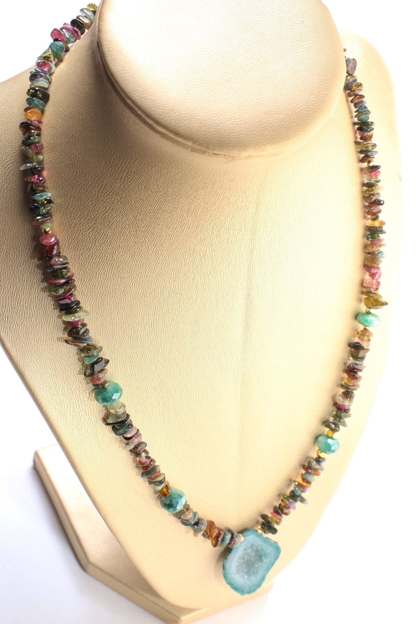 Watermelon Multi Tourmaline Raw Nugget chips, Faceted Green Moonstone Accents Beads, Druzy Agate Geode Gemstone Pendant 20.5" Necklace