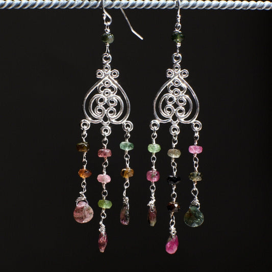 Watermelon Tourmaline Earrings, Wire Wrapped Dangling Briolette in 925 Sterling Silver Chandelier and Earwire, Bridal, Boho, Handmade Gift