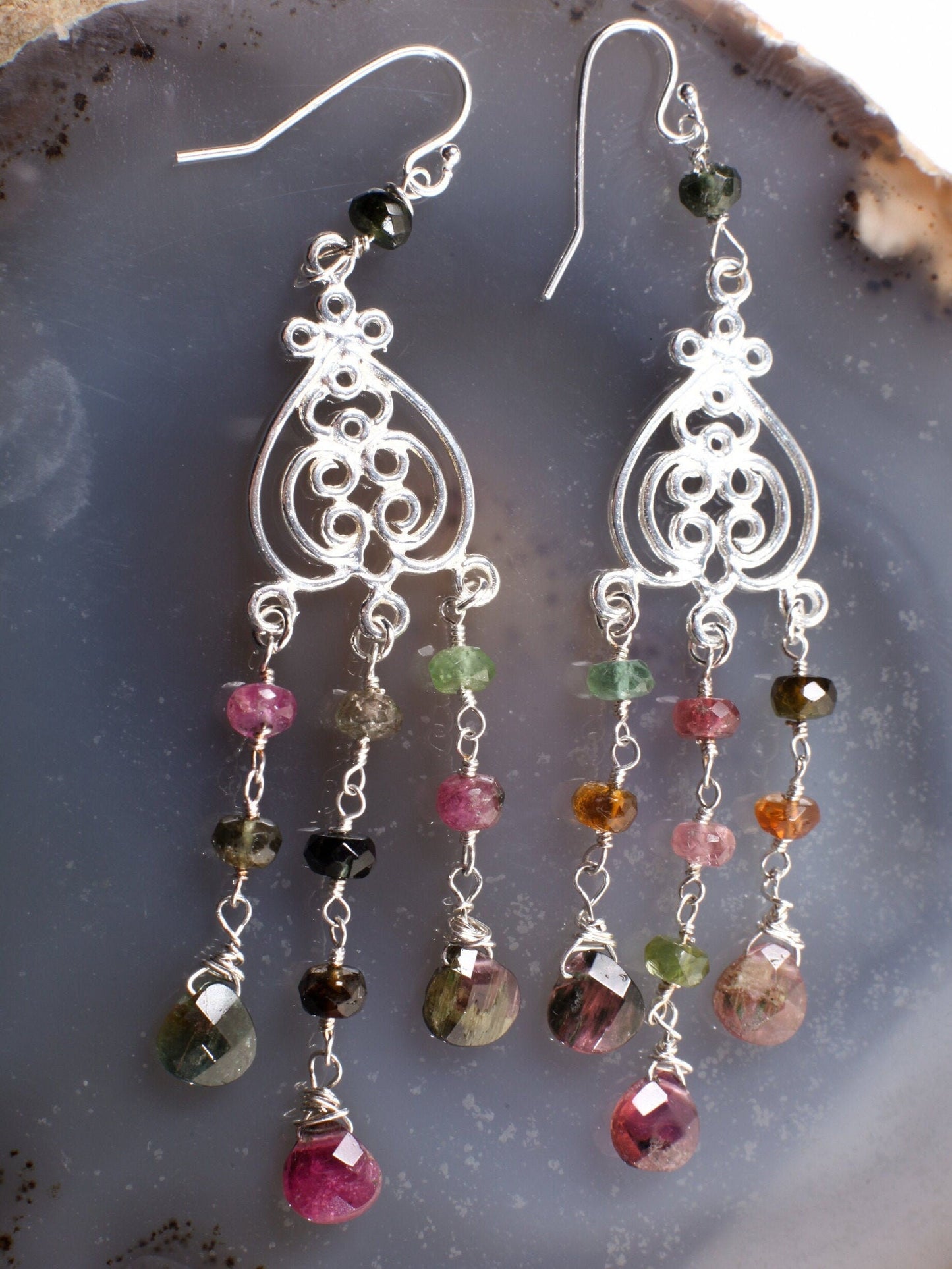 Watermelon Tourmaline Earrings, Wire Wrapped Dangling Briolette in 925 Sterling Silver Chandelier and Earwire, Bridal, Boho, Handmade Gift