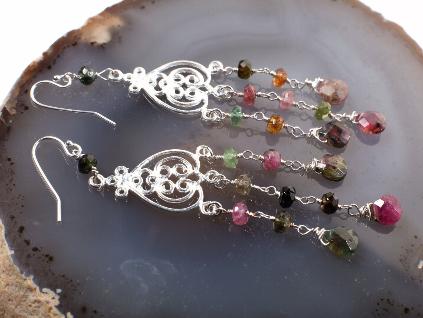 Watermelon Tourmaline Earrings, Wire Wrapped Dangling Briolette in 925 Sterling Silver Chandelier and Earwire, Bridal, Boho, Handmade Gift