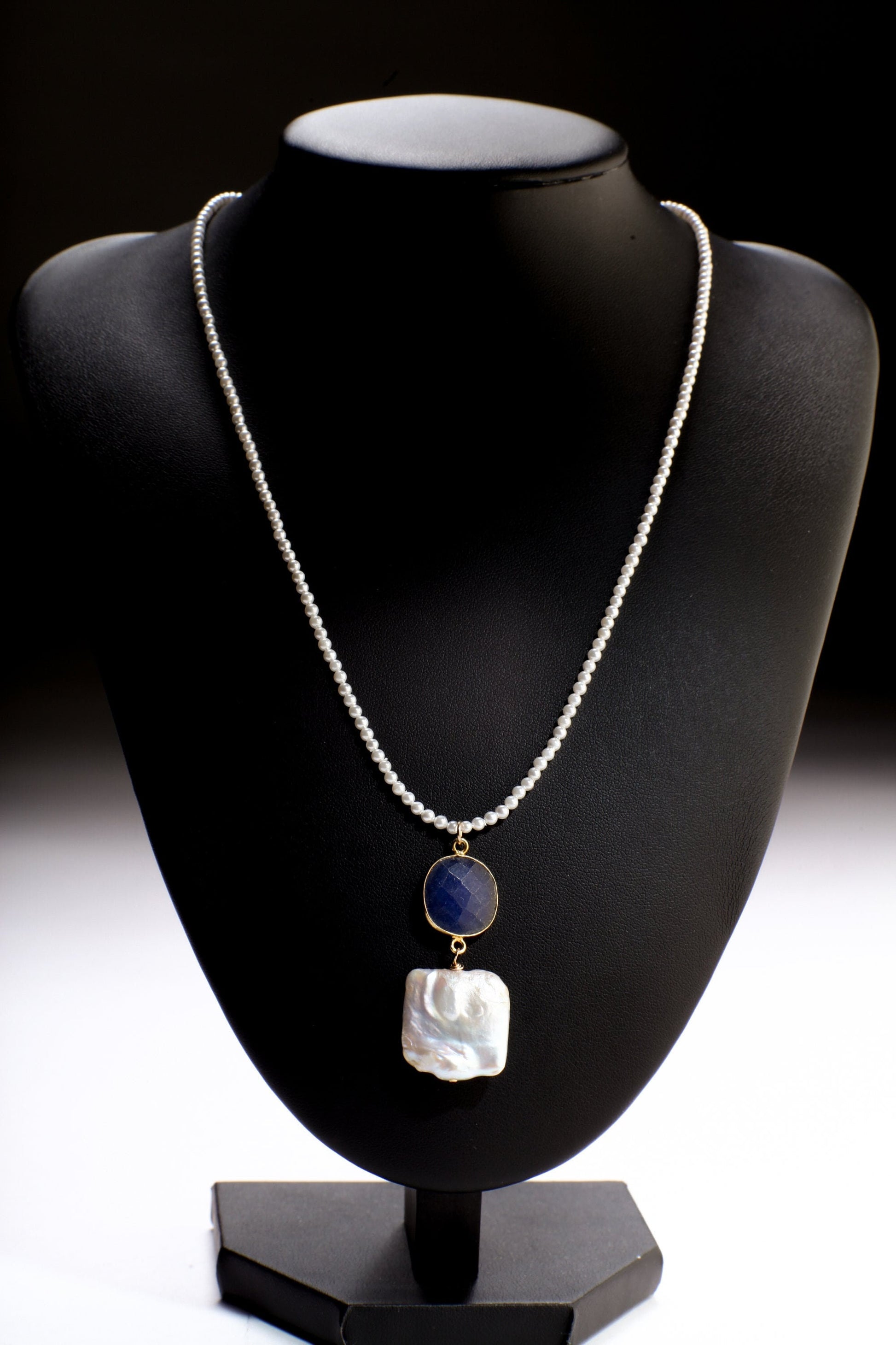 Baroque Pearl Necklace, Freshwater Square Baroque Pearl, Blue Sapphire Gold Bezel Pendant Pearl Gemstone Bridal, Bridesmaid 18&quot; Necklace