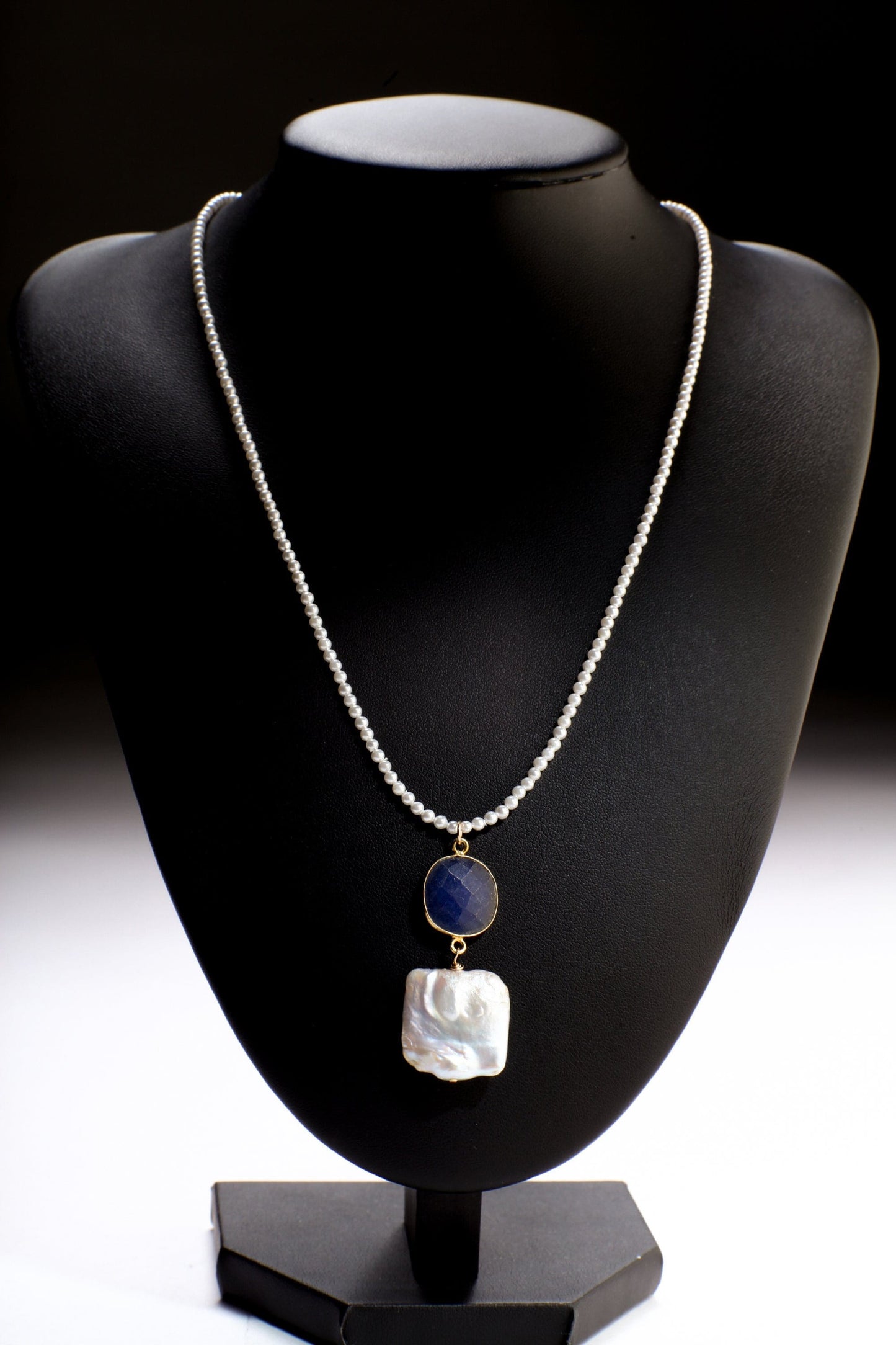 Baroque Pearl Necklace, Freshwater Square Baroque Pearl, Blue Sapphire Gold Bezel Pendant Pearl Gemstone Bridal, Bridesmaid 18" Necklace