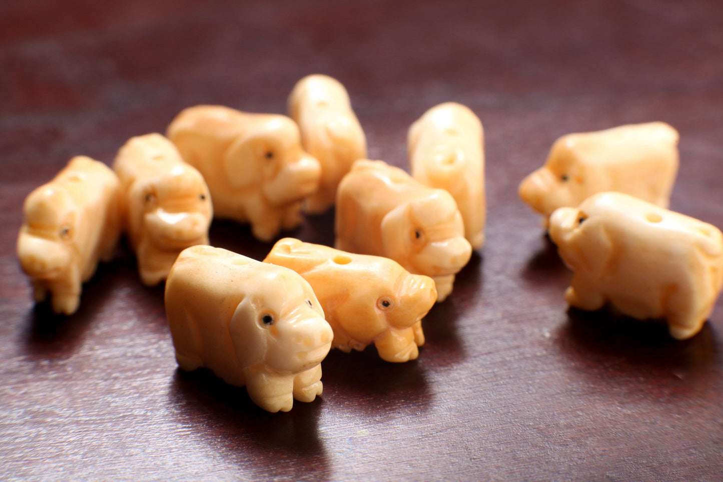 Carved Buffalo Bone Pig, 11-14x20mm, Hand Crafted Animal Figurine Drilled Bead, Art Deco