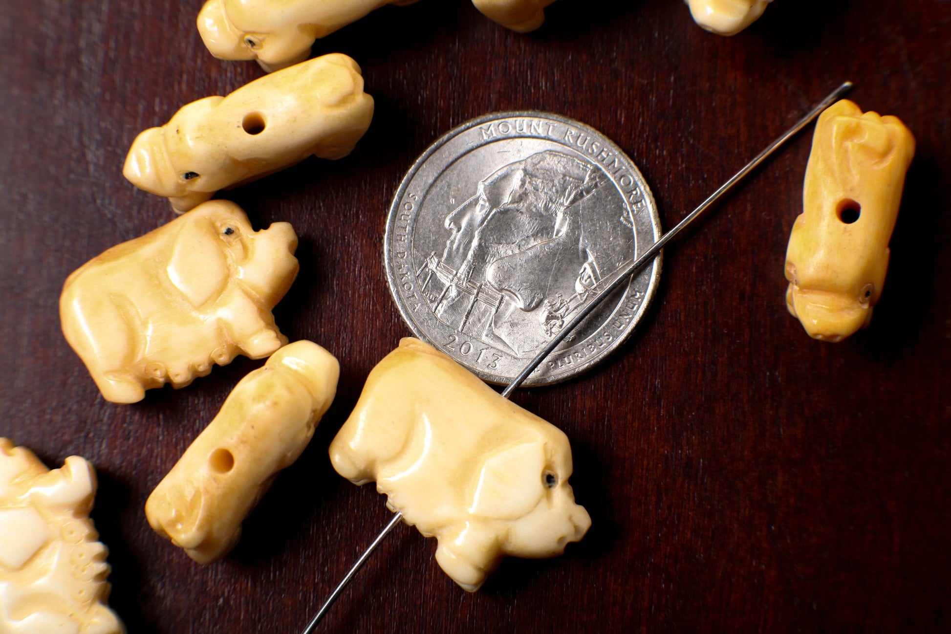 Carved Buffalo Bone Pig, 11-14x20mm, Hand Crafted Animal Figurine Drilled Bead, Art Deco