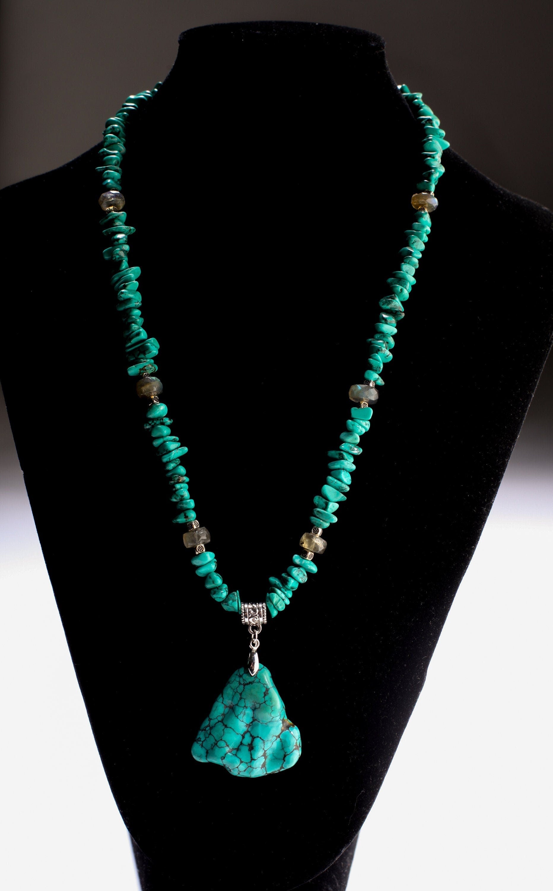 Natural Spiderweb Turquoise Nugget Necklace, Faceted Labradorite Rondelle Spacers, Triangular Free Form Turquoise Pendant 19&quot; Necklace