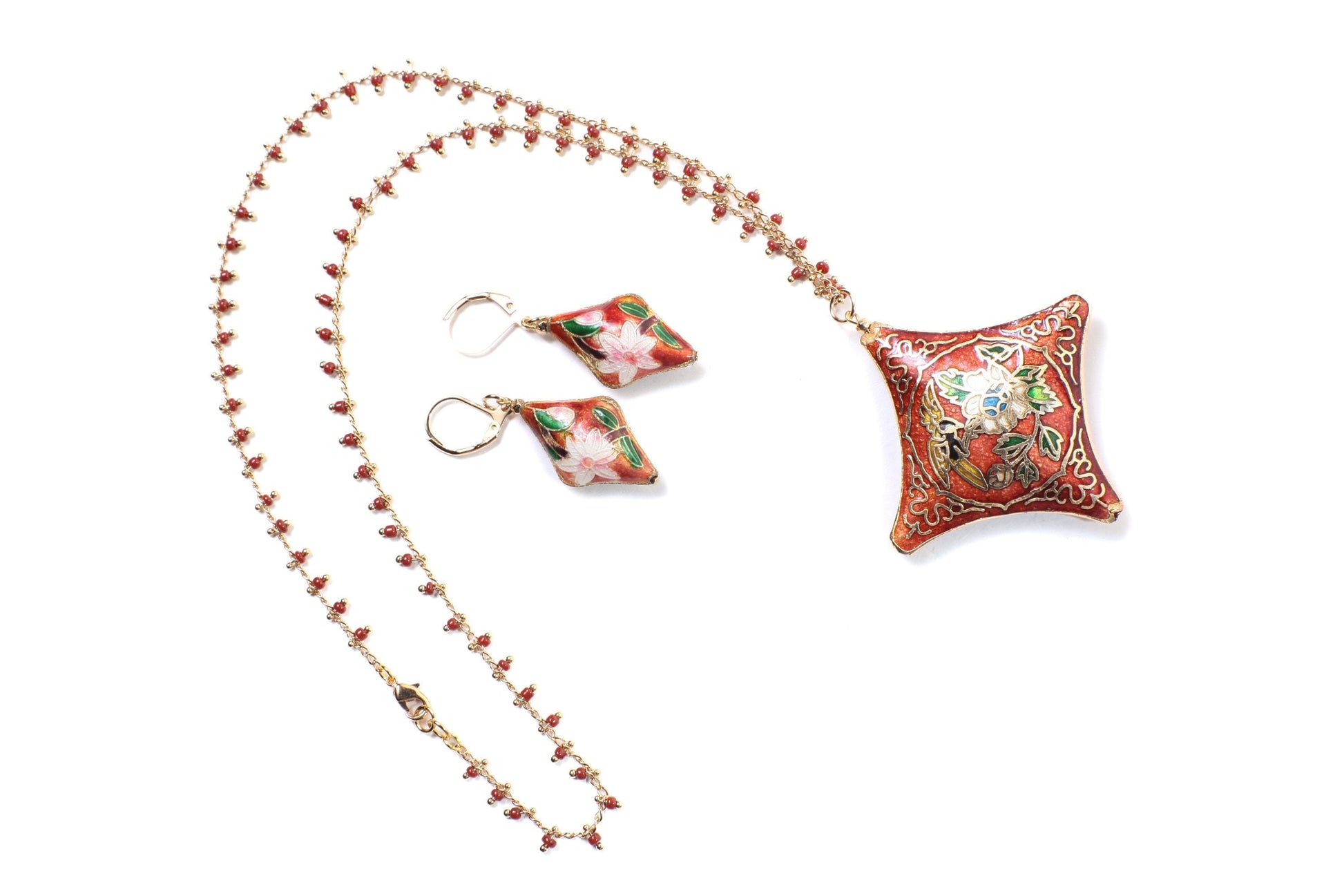 Traditional Cloisonné Pendant Vintage Floral Flowers Focal with Gold Plated Beaded Chain Necklace 20&quot; and matching Leverback Earrings set