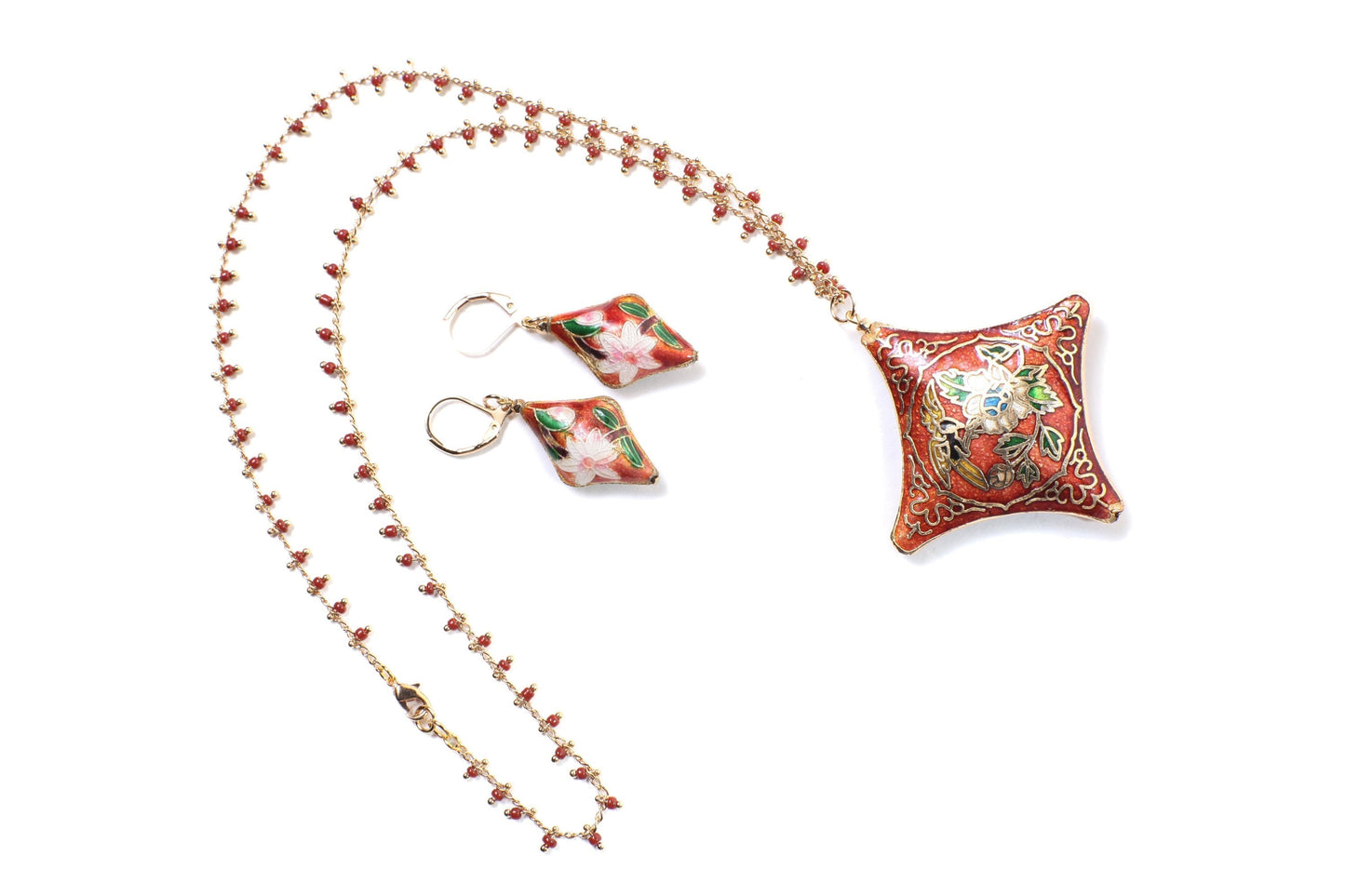 Traditional Cloisonné Pendant Vintage Floral Flowers Focal with Gold Plated Beaded Chain Necklace 20" and matching Leverback Earrings set